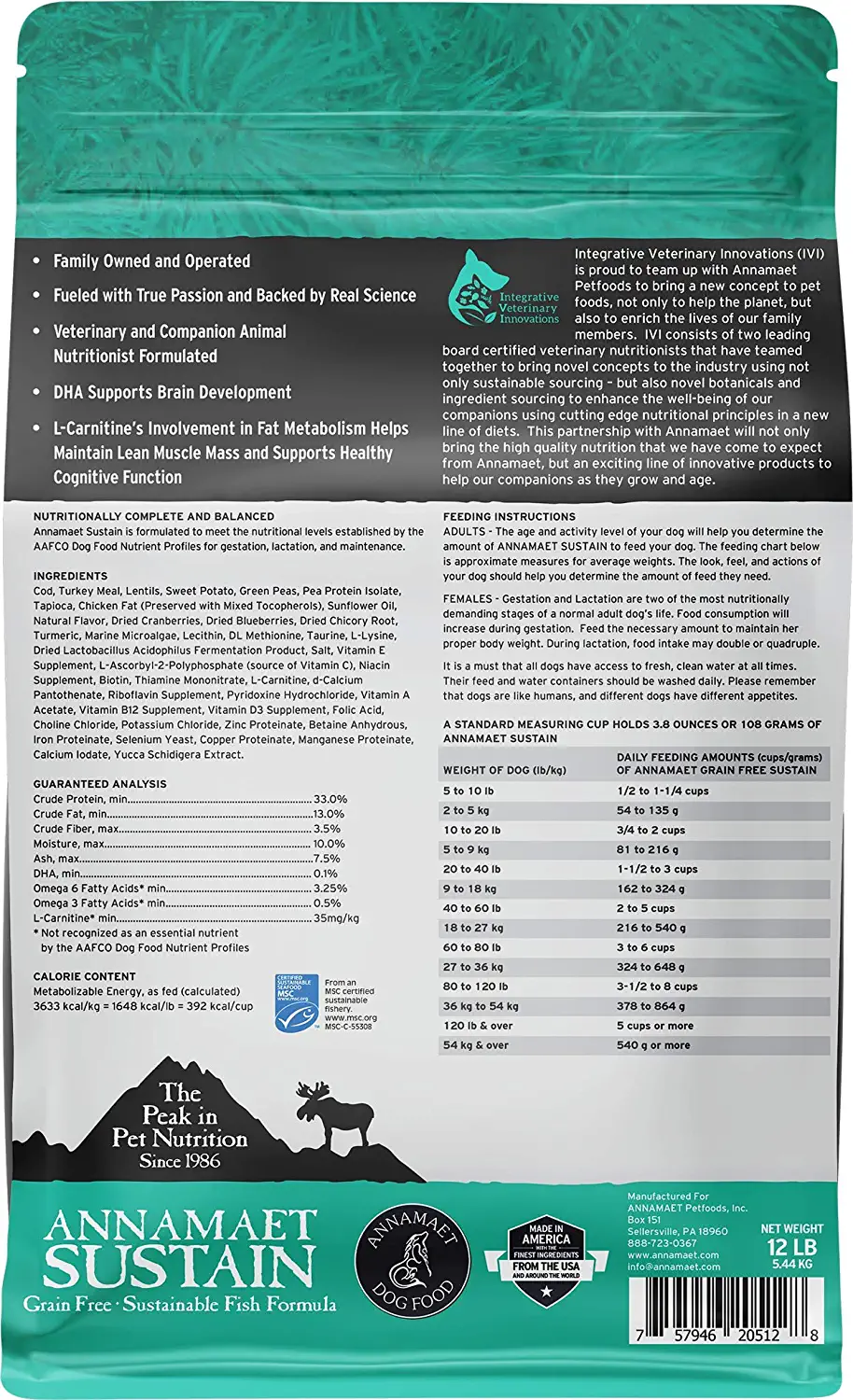 Annamaet Grain-Free Sustain Formula Dry Dog Food (Line-Caught Cod & Free-Range Turkey) 12-lb Bag