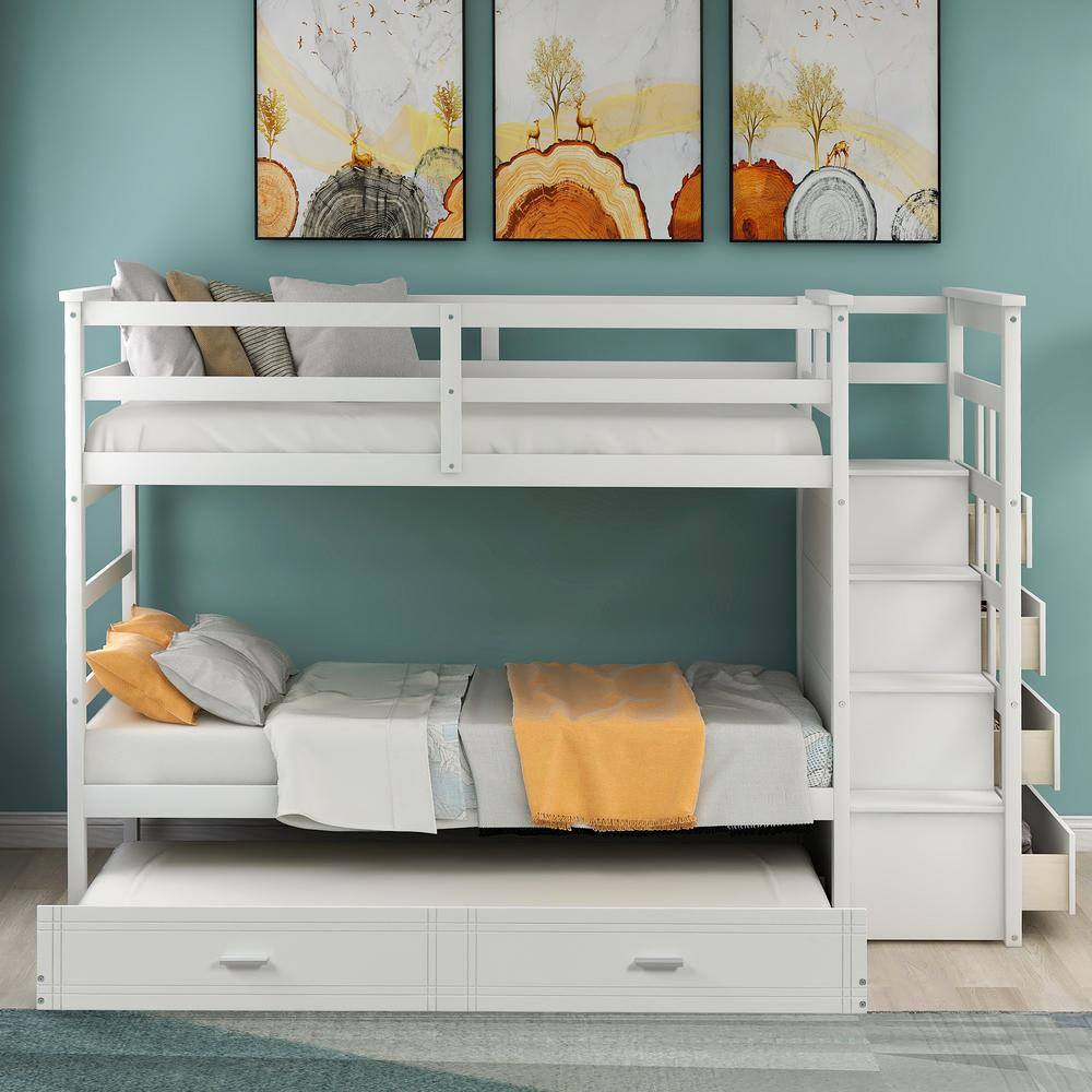 ANBAZAR  White Twin Over Twin Bunk Bed with Twin Trundle and 4 Drawers. Wood Kids Bunk Bed Frame with Staircases and Guardrail