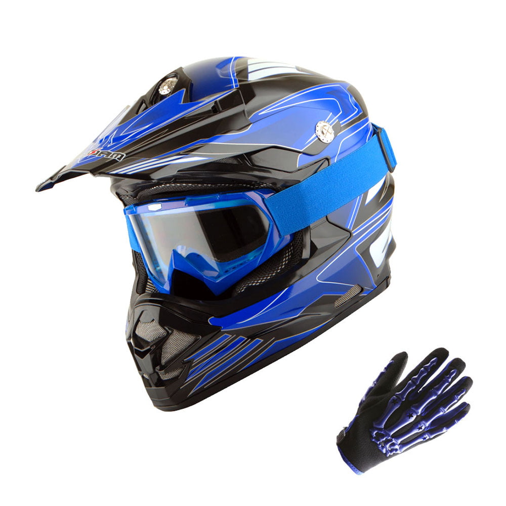  Helmet BMX MX ATV Dirt Bike Downhill Mountain Bike Helmet Flying; Flying Blue + Goggles + Skeleton Blue Glove Bundle