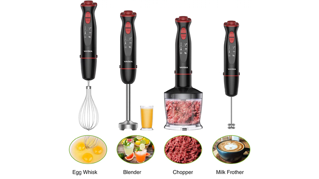 Vavsea Immersion Hand Blender. 12-Speed Multi-Function Handheld Stick Blender with Stainless Steel Blades. Chopper. Beaker. Whisk and Milk Frother for Baby Food/Smoothies/Puree. BPA Free