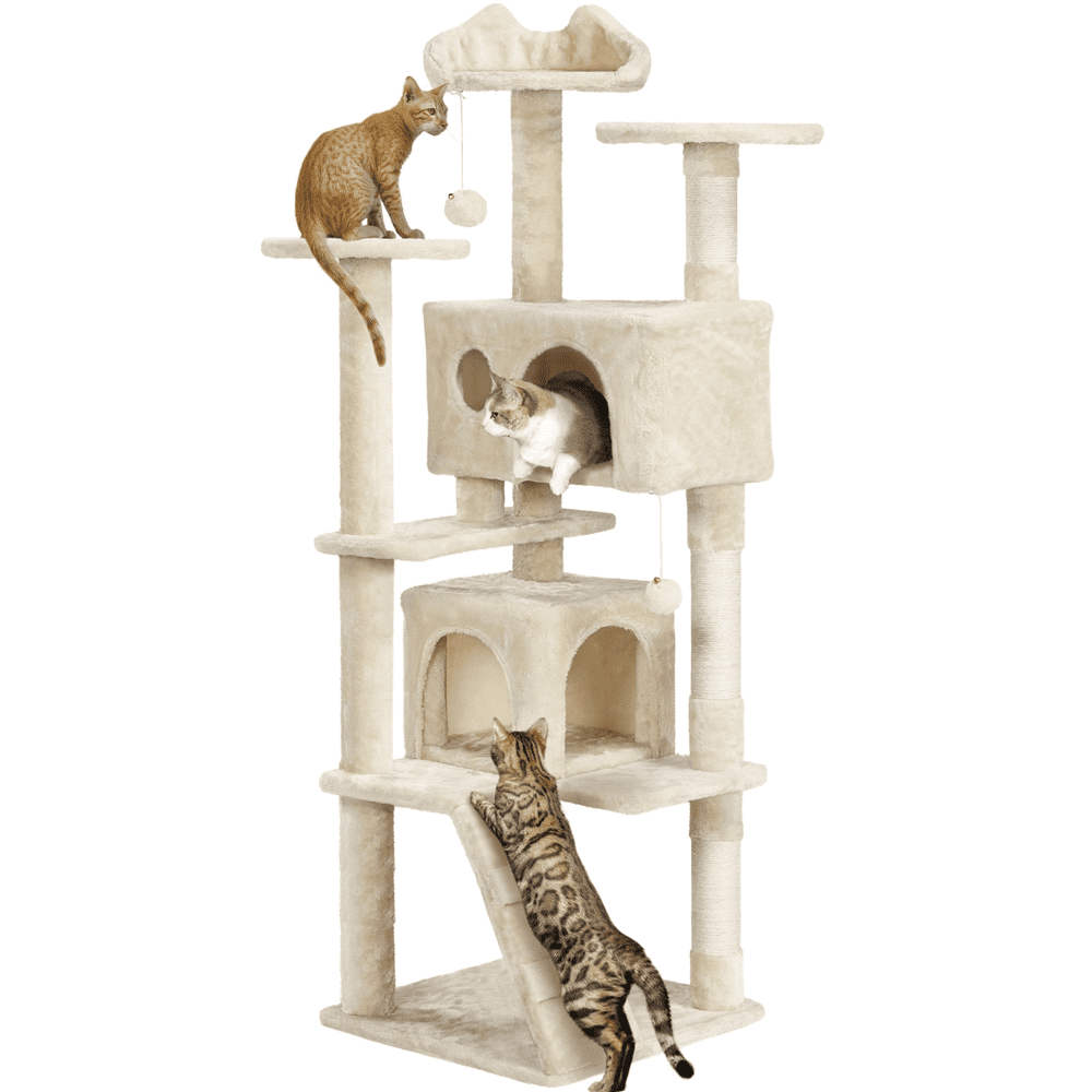 SmileMart 62”H Double Condo Cat Tree with Scratching Post Tower. Beige