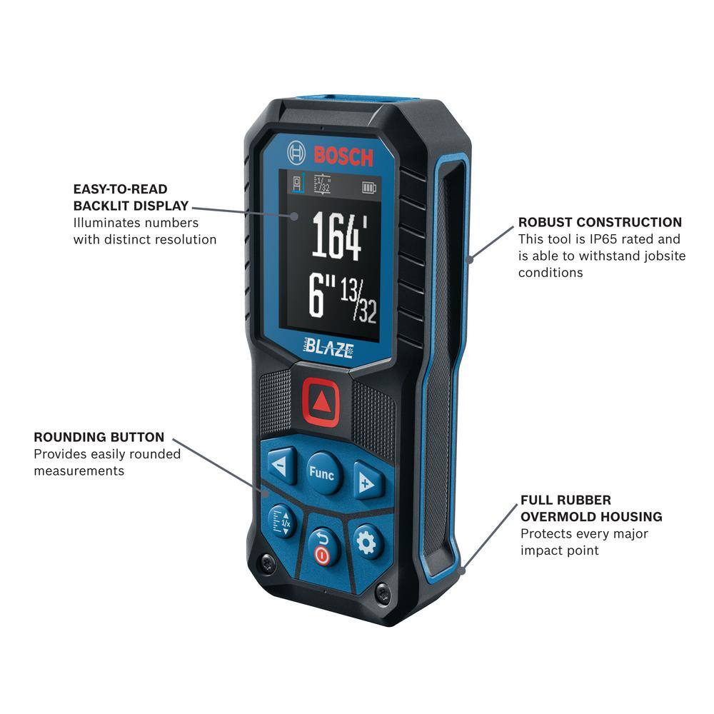 Bosch GLM165-22 BLAZE 165 ft. Laser Distance Tape Measuring Tool with Color Screen and Measurement Rounding Functionality