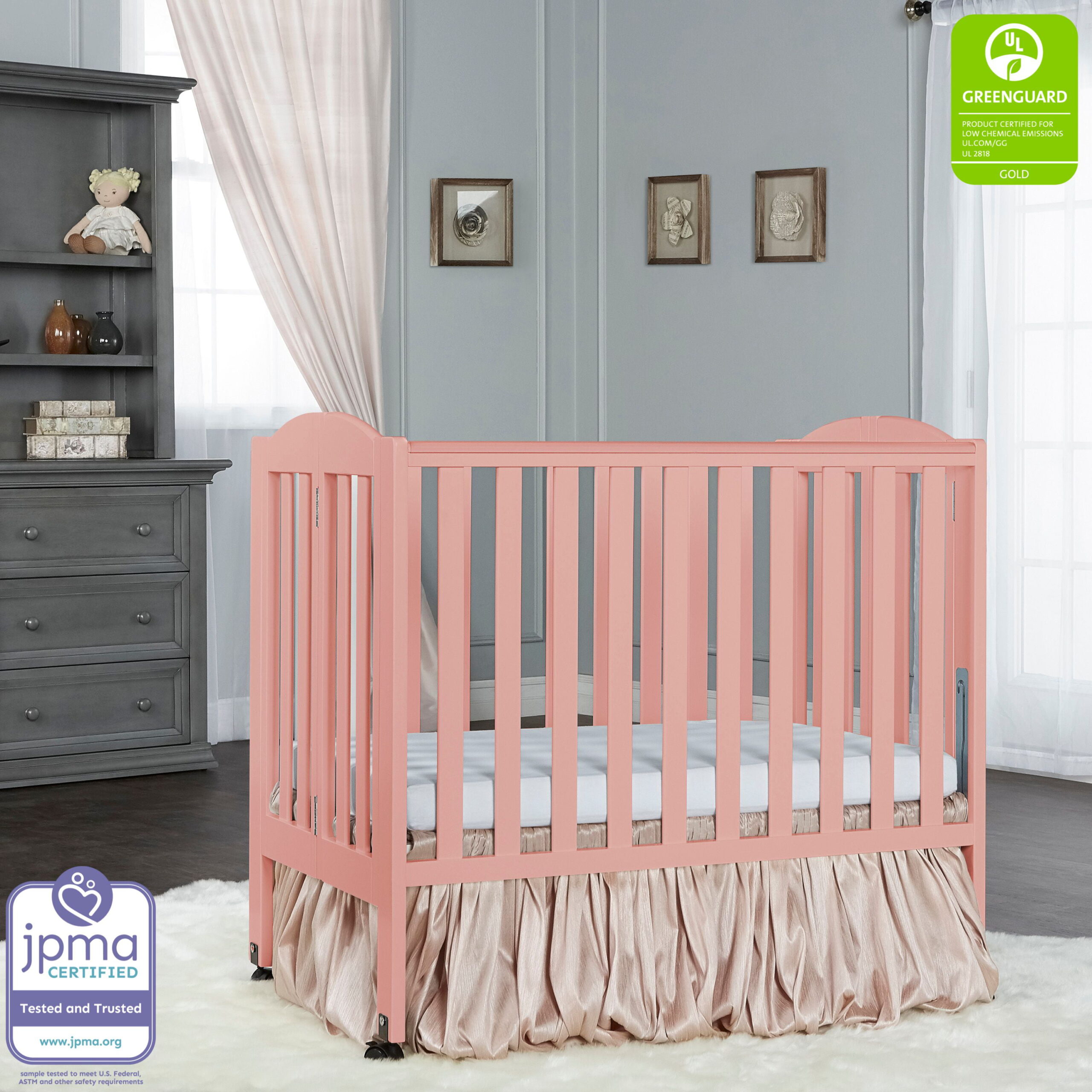 Dream On Me 2-in-1 Folding Portable Mini Crib. Dusty Pink