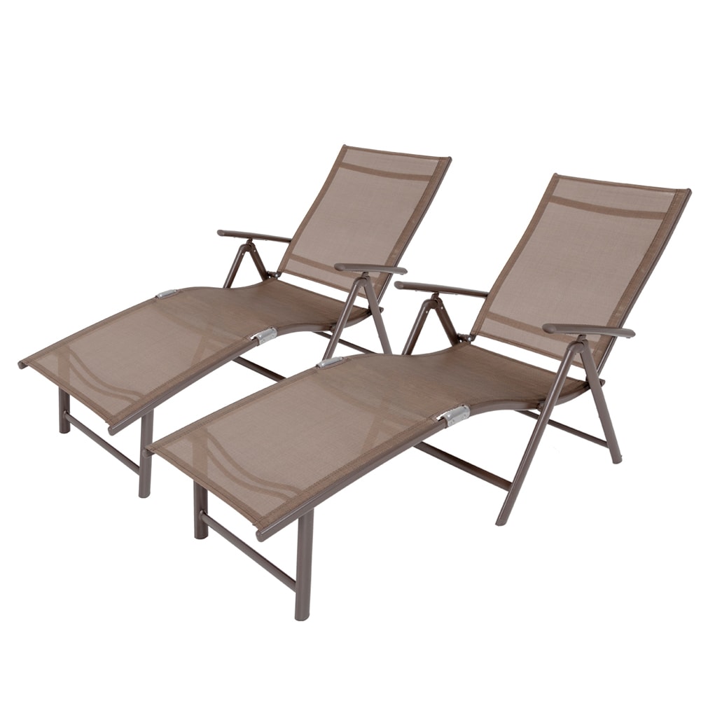 Crestlive Products Patio chaise lounge Set of 2 Aluminum Frame In Brown Finish Metal Frame Stationary Chaise Lounge Chair(s) with Brown Sling Seat