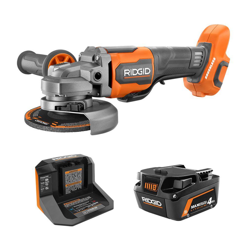 RIDGID R86047KN 18V Brushless Cordless 4-1/2 in. Angle Grinder Kit with 4.0 Ah Battery and Charger