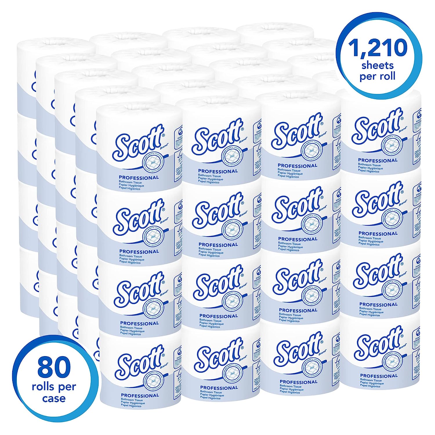 Scott 05102CT Standard Roll Bathroom Tissue. 1-Ply. 1210 Sheets per Roll (Case of 80 Rolls).White