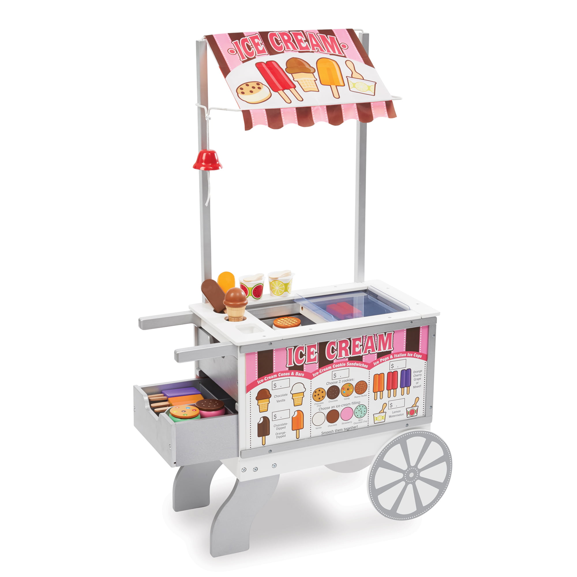 Melissa & Doug Wooden Snacks and Sweets Food Cart - 40+ Play Food pcs. Reversible Awning