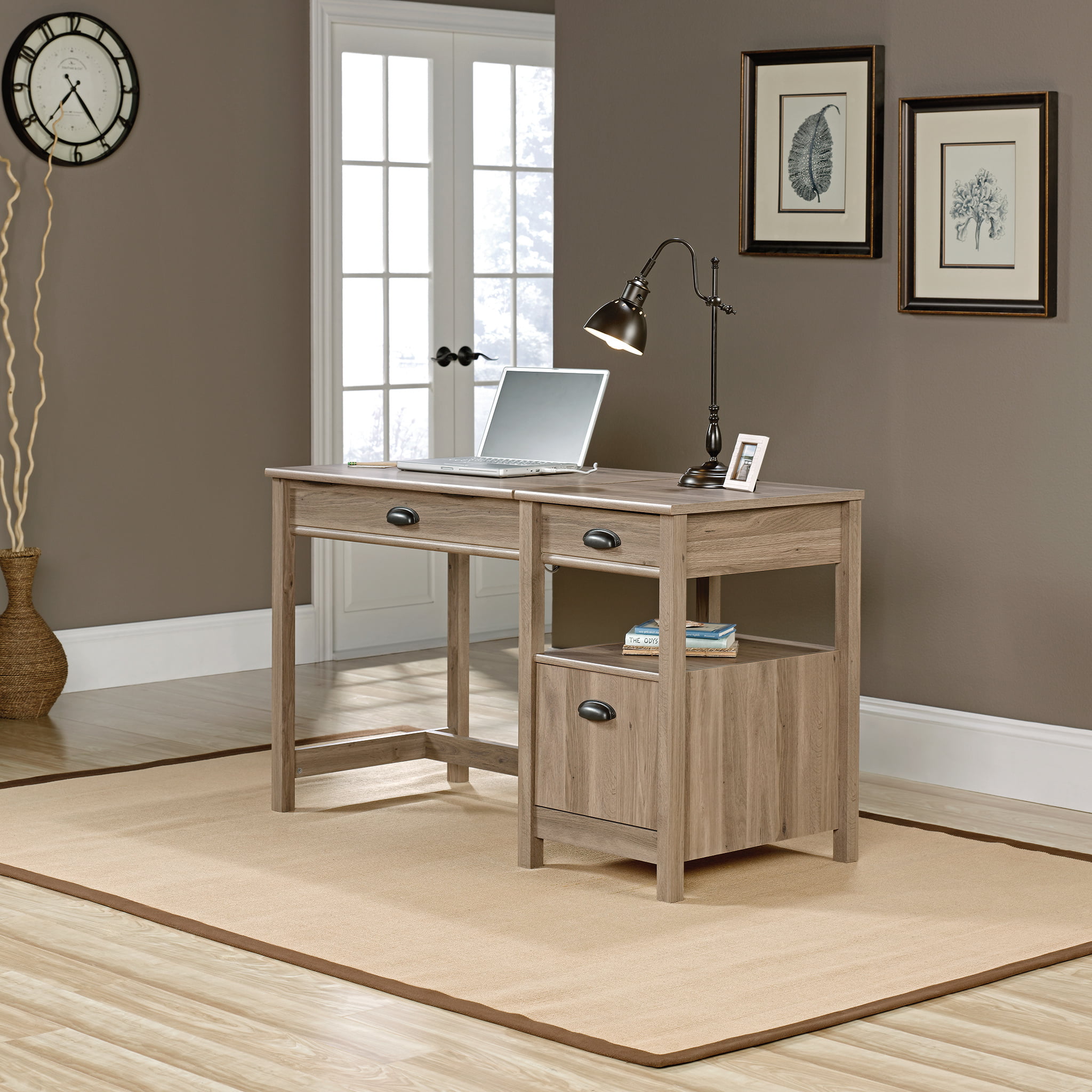 Sauder Harbor View Sit and Stand Lift Top Desk. Salt Oak Finish