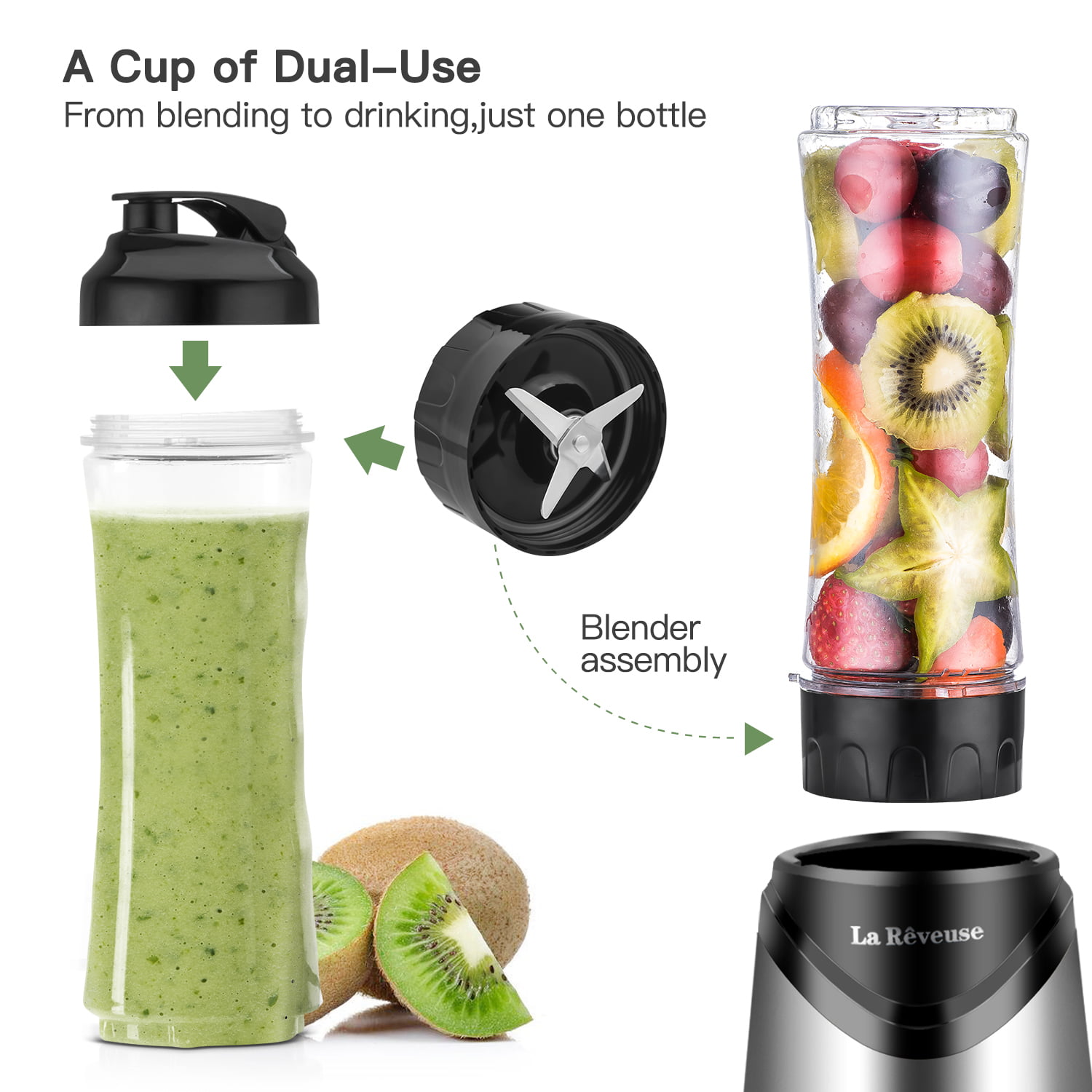 La Reveuse Smoothie Blender Personal Size 300 Watts 2 Pieces 18 oz Travel Sports Bottles (2-Silver)