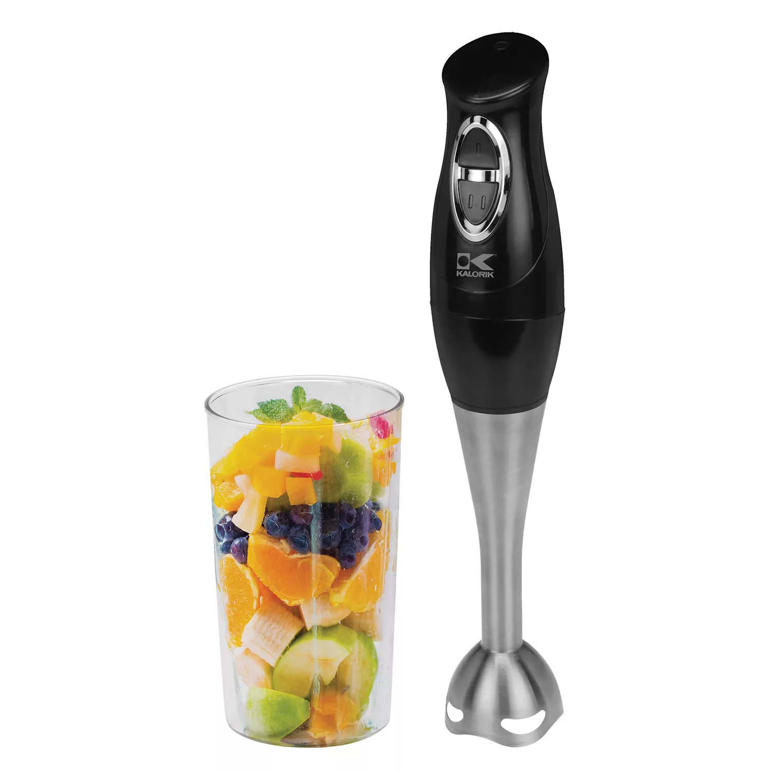 Kalorik Electronic Stick Mixer Dual Speed Control Settings. Stainless Steel Shaft and Blade .200 Watt Motor for Easy Mixing. 30 Fluid Ounce Mixing Cup