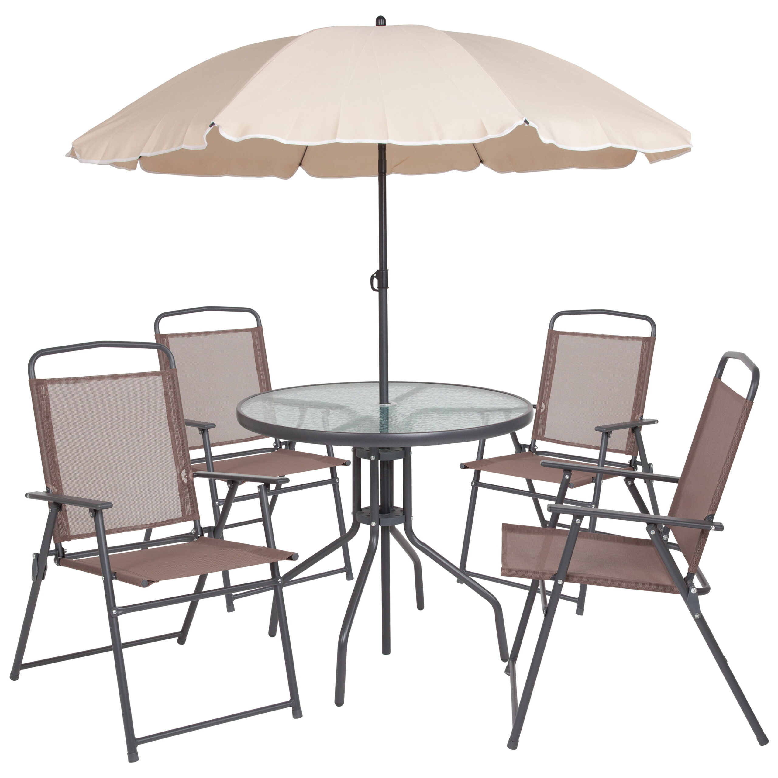 Flash Furniture Nantucket 6 Piece Brown Patio Garden Set with Umbrella Table and Set of 4 Folding Chairs