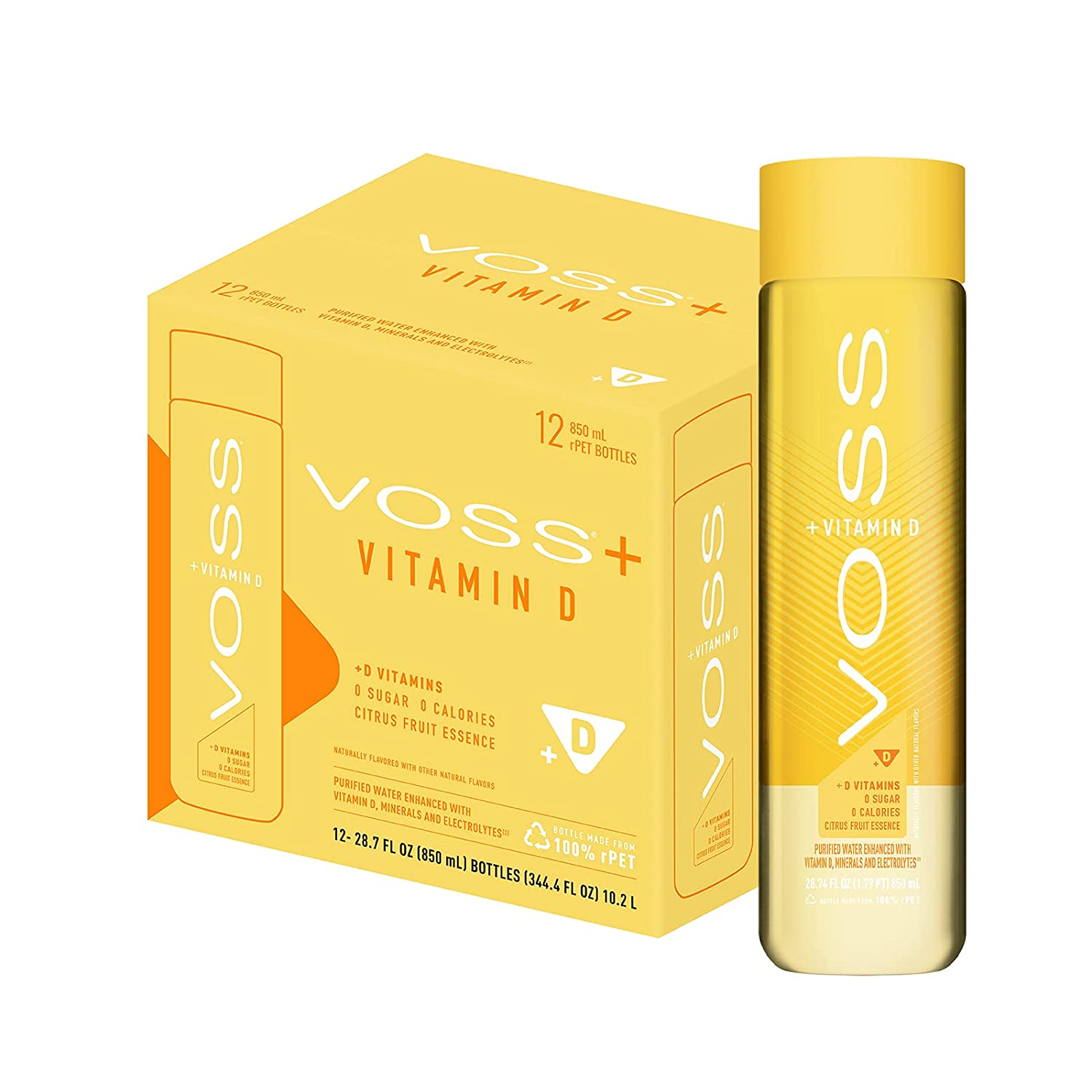 VOSS. Water With Vitamin D & Electrolytes. rPET Plastic Bottles. 850 ml. 12 Count