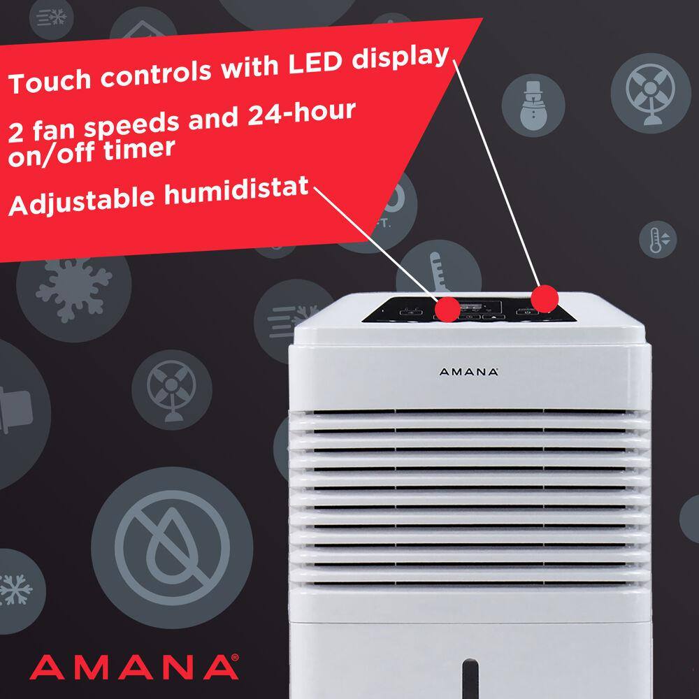 Amana AMAD351BW 35 pt. Portable Dehumidifier with Adjustable Humidistat. Auto Shut-Off. 24-Hour Timer for Bathrooms. Basements. Bedrooms