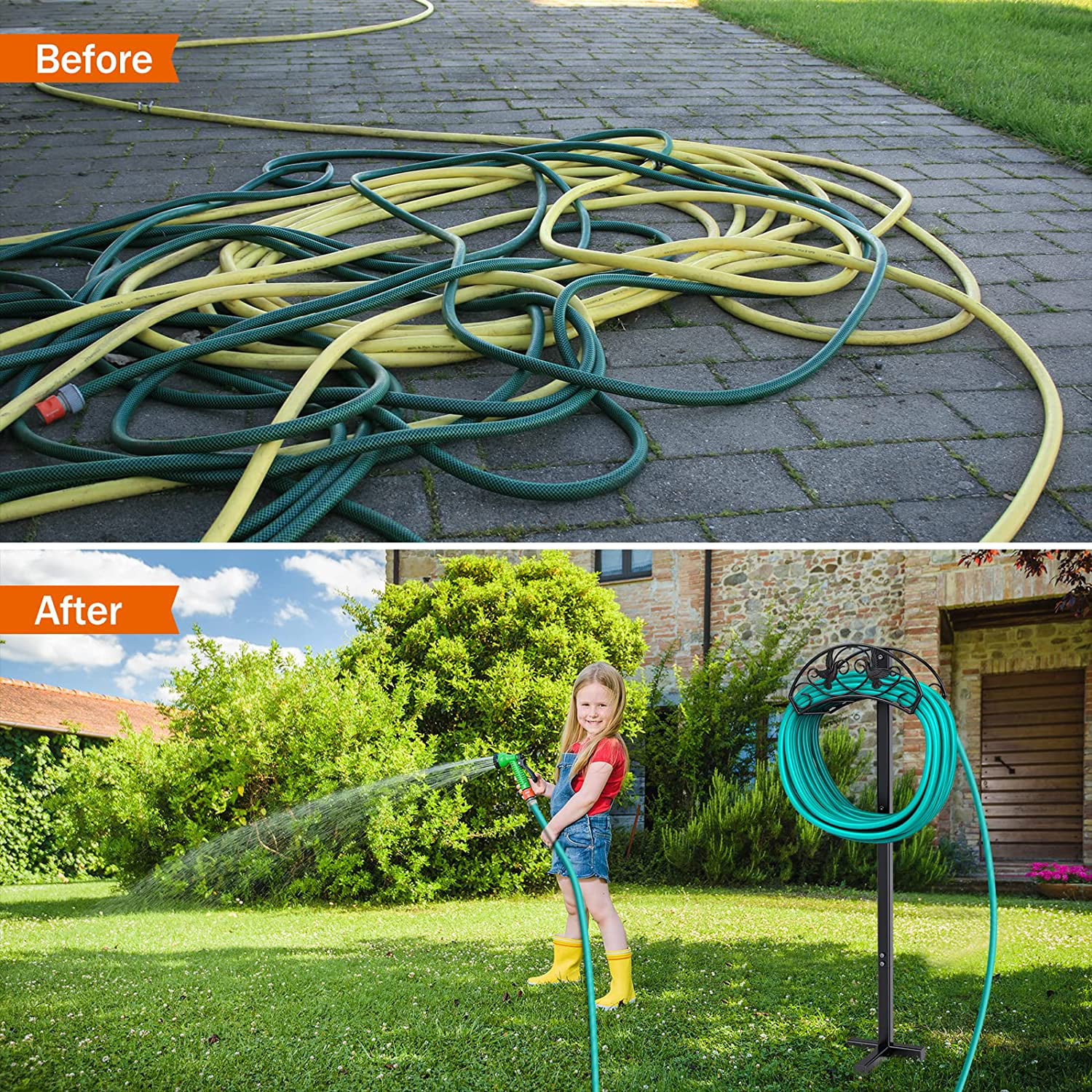 CreiYuan Garden Hose Holder. Water Hose Stand Freestanding Metal Hose Hanger. Detachable Heavy Duty Hose Storage Stand for Outdoor (Lovebirds)