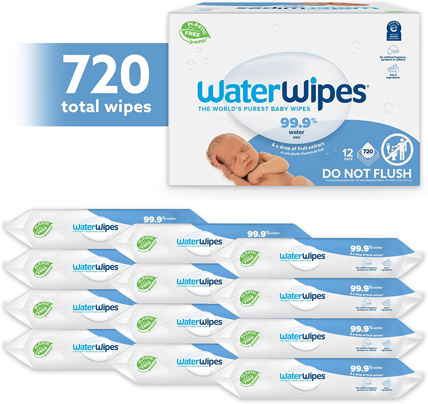 WaterWipes Plastic-Free Original Baby Wipes. 99.9% Water Based Wipes. Unscented & Hypoallergenic for Sensitive Skin. 720 Count (12 packs). Packaging May Vary