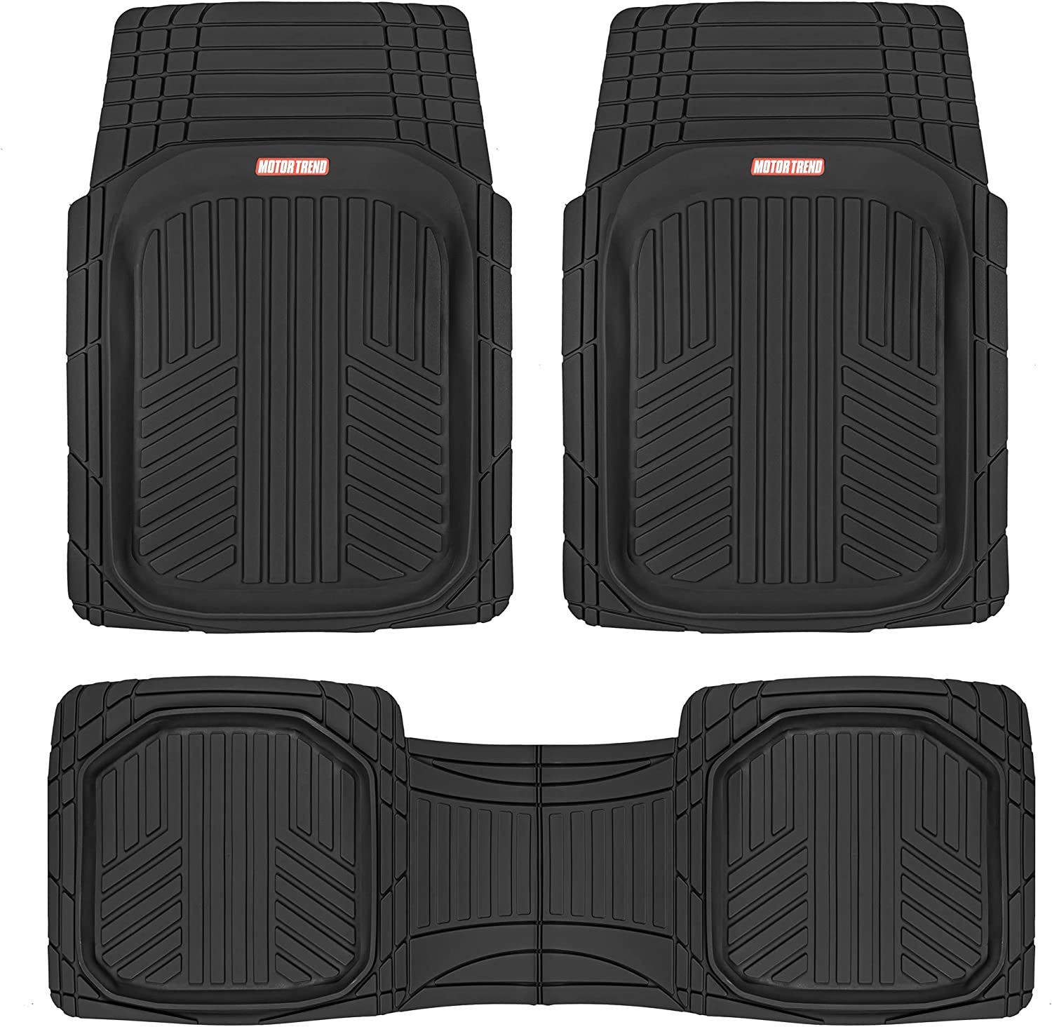 Motor Trend OF-933-BK FlexTough Plus Black Rubber Car Floor Mats - All Weather Deep Dish Automotive Floor Mats. Heavy Duty Trim to Fit Design. Front & Rear Liners for Cars Truck Van SUV