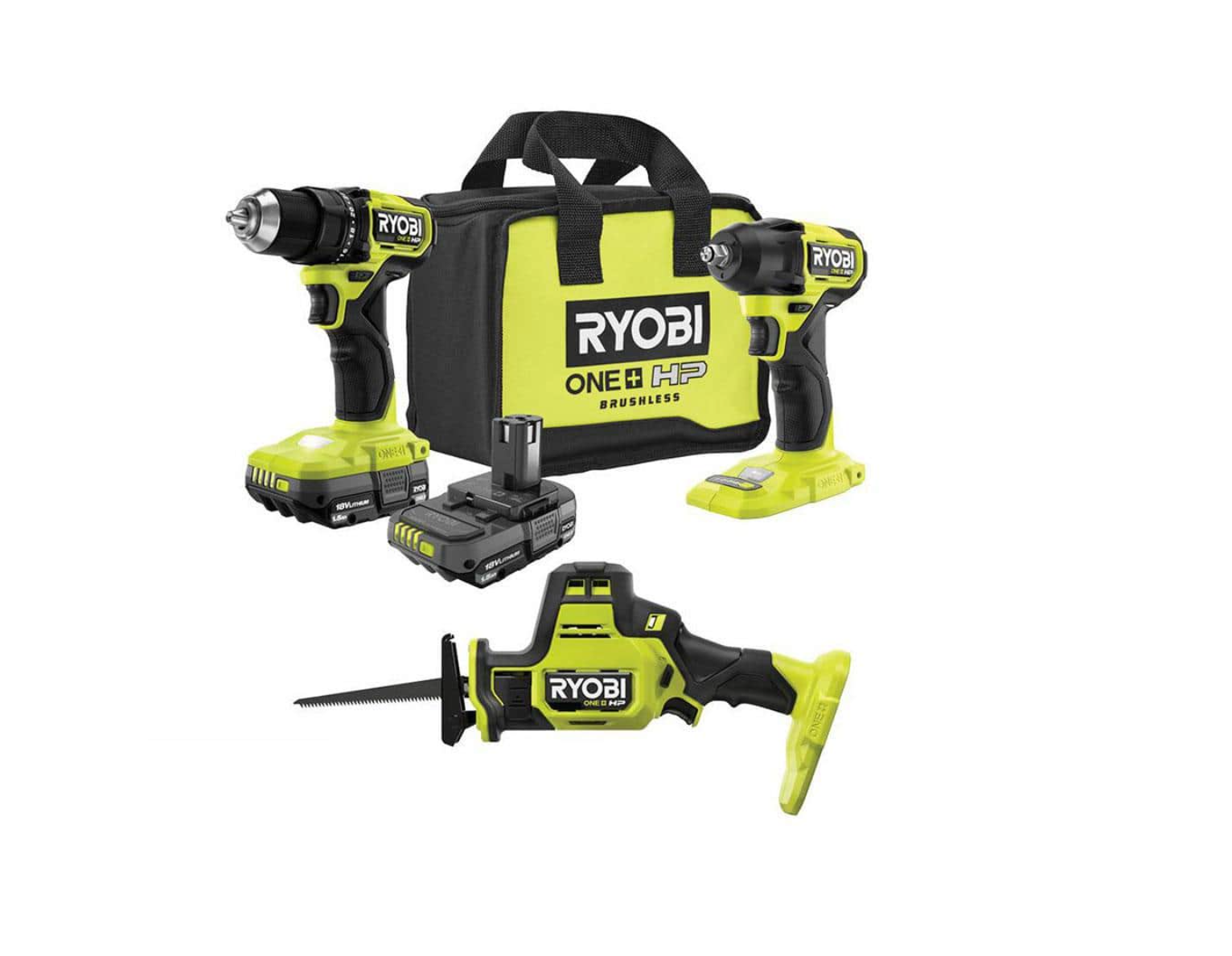 RYOBI PSBDD01K-PSBRS01B-PSBIW01B ONE+ HP 18V Brushless Cordless Compact 1/2 in. Drill/Driver. One-Handed Reciprocating Saw. Impact Wrench. (2) Batteries. Charger
