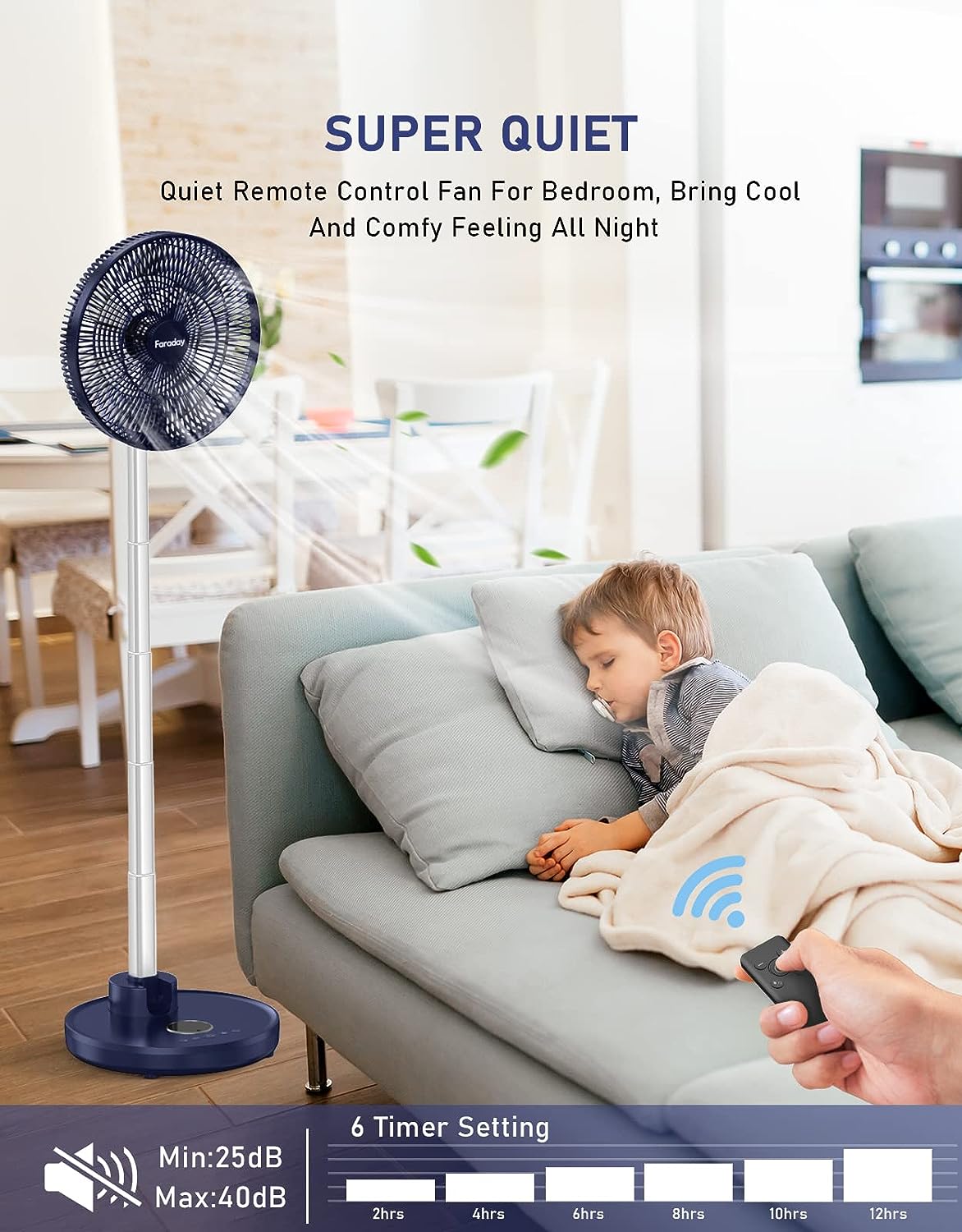 FARADAY Oscillating Standing Fan 12 Foldable Portable Quiet Floor Fan 12000mAh Rechargeable Pedestal Fan with Remote. Timer Setting. Height Adjustable Foldaway Fan for Bedroom Home Office. 6 Speed. Navy Blue