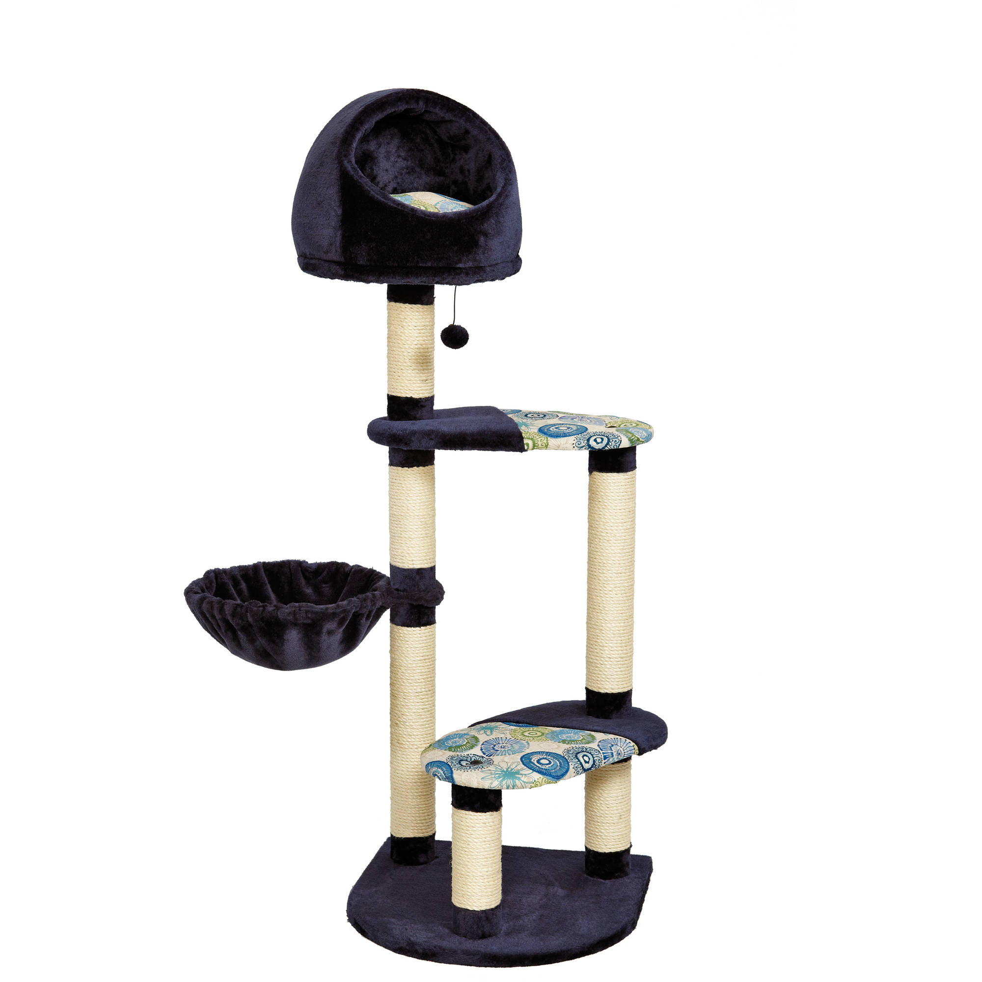 Cat Tree | “Resort” Cat Tree / Cat Furniture. 4-Tier Cat Tree w/ Sisal Wrapped Cat Scratching Support Posts. Hanging Cat Bunker Bed & High Canopy Cat Perch. Blue / White Pattern. Large Cat Tree