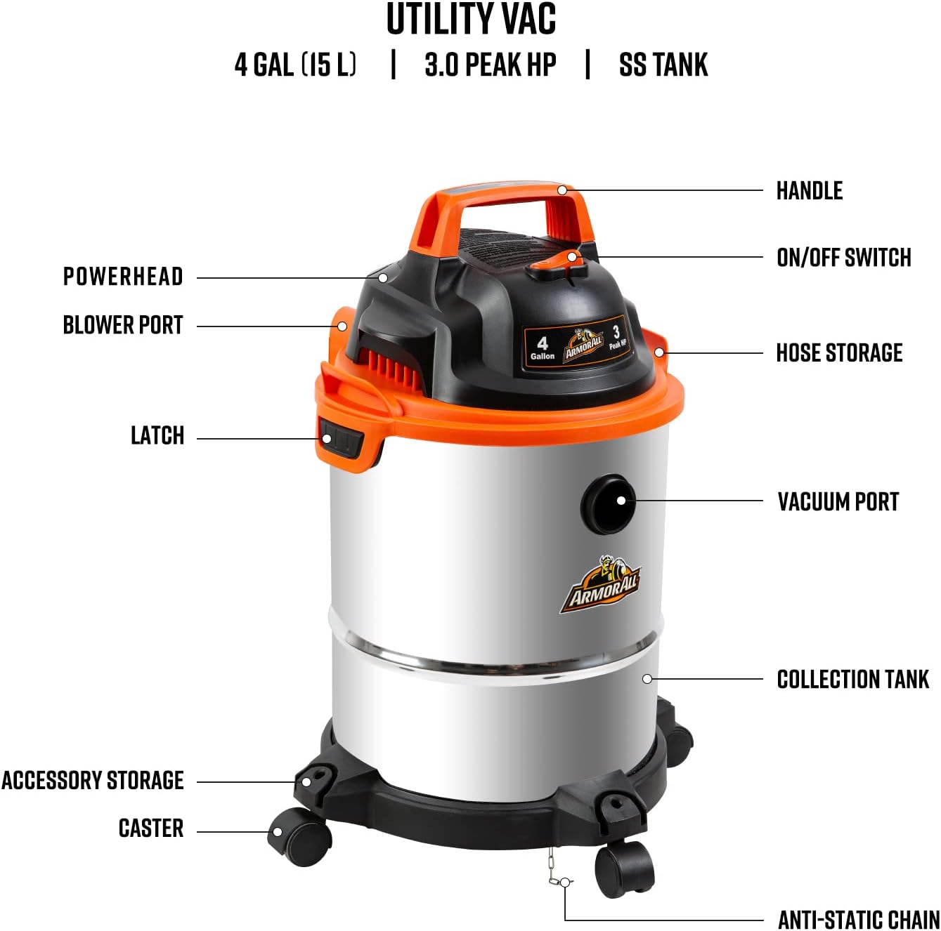 Armor All VO408S 0901 4 Gallon Wet/Dry Vac 3.0 Peak HP Shop Vacuum with 3 Nozzles and 1 Brush. Stainless Steel Tank. Orange