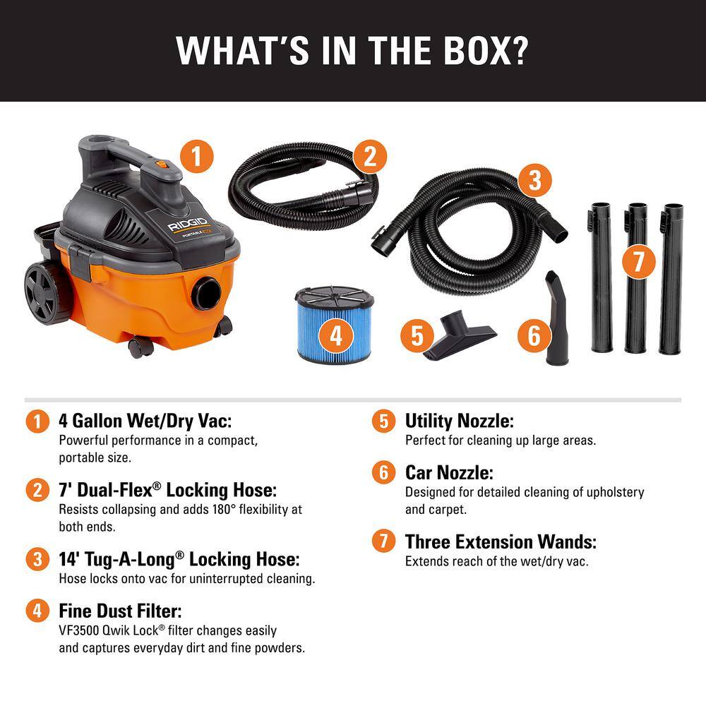 RIDGID WD4070B 4 Gallon 5.0 Peak HP Wet/Dry Shop Vacuum with Fine Dust Filter. Hose. Accessories and Additional 14 ft. Tug-A-Long Hose