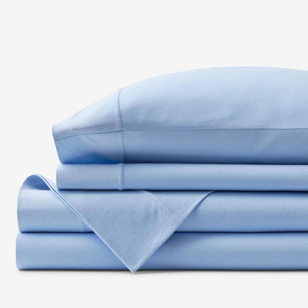 The Company Store  Company Cotton 4-Piece Cloud Blue Solid Cotton Jersey Knit Queen Sheet Set - Cloud Blue