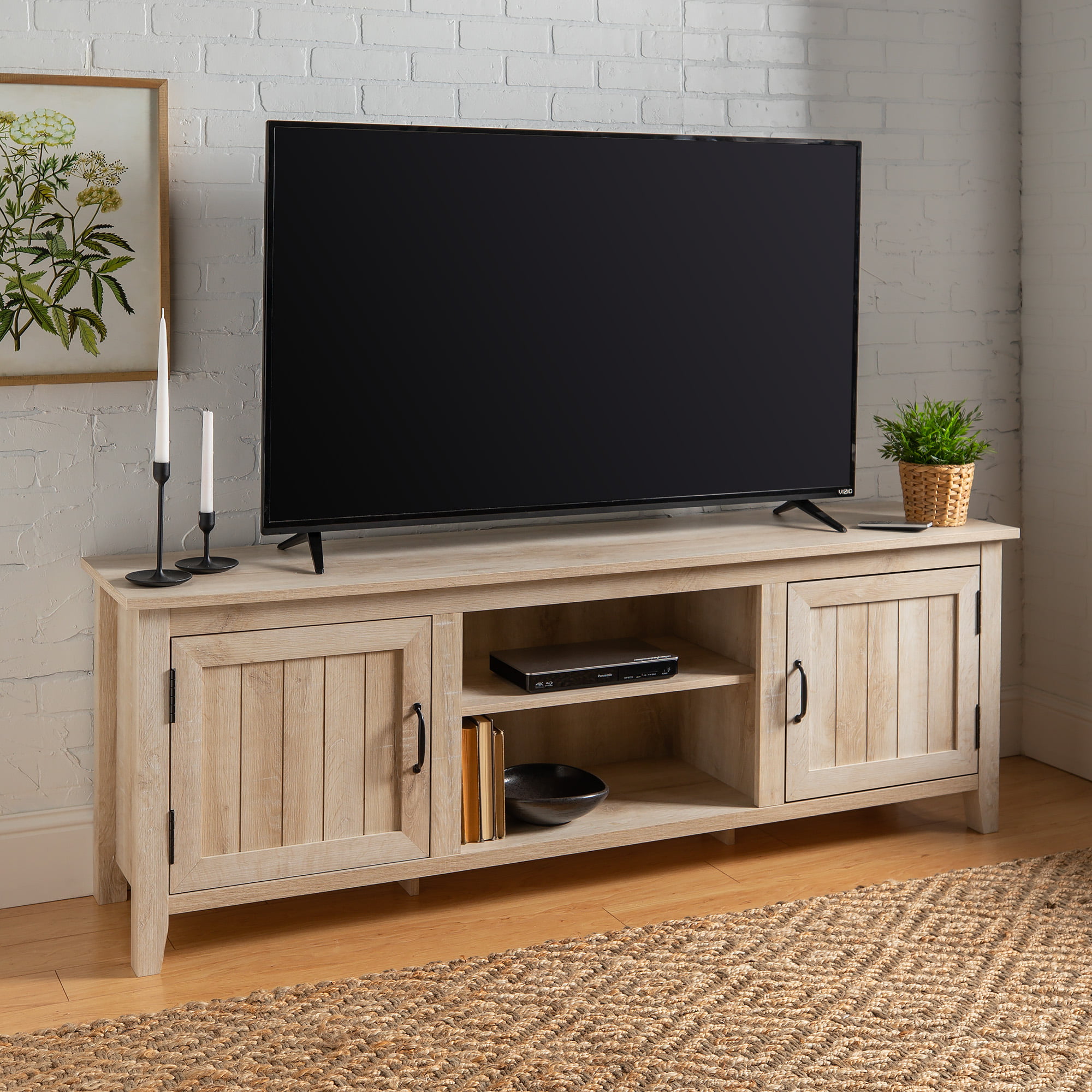 Woven Paths Farmhouse Grooved Door TV Stand for TVs up to 80″. White Oak