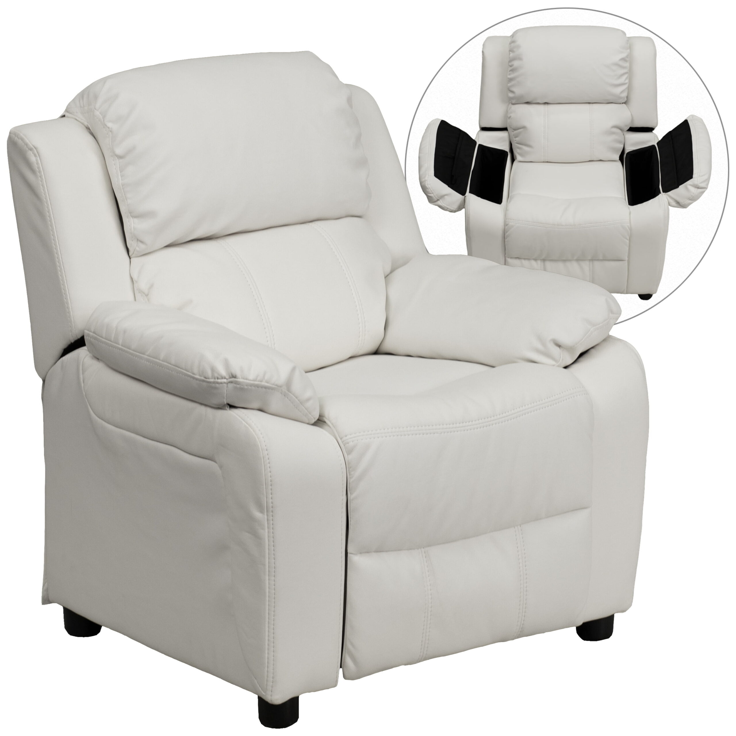 Flash Furniture Deluxe Padded Contemporary White Vinyl Kids Recliner with Storage Arms
