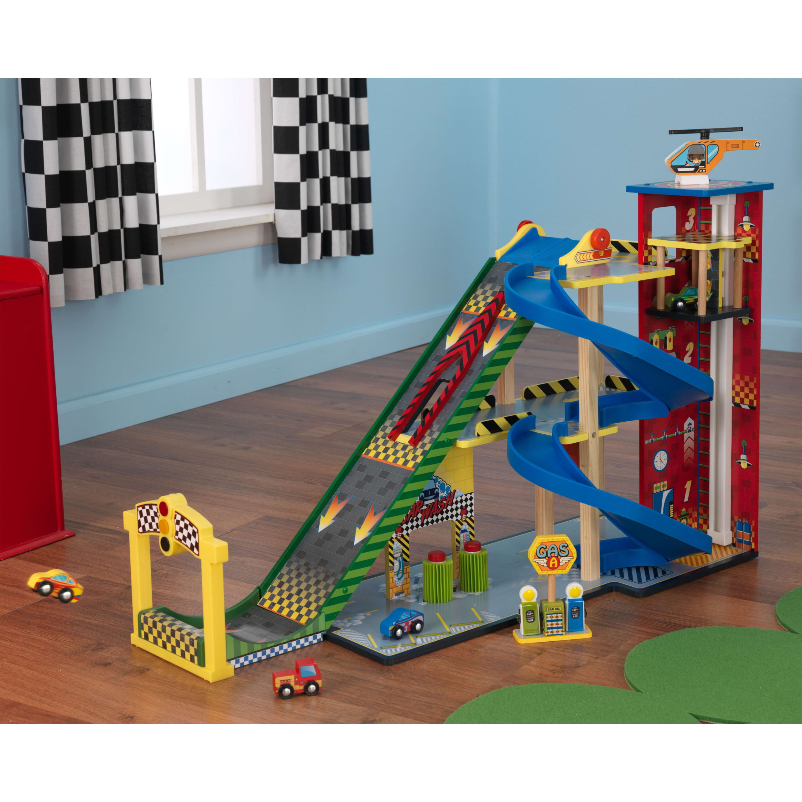 KidKraft Mega Ramp Wooden Racing Play Set with 5 Vehicles. Lights and Moving Elevator