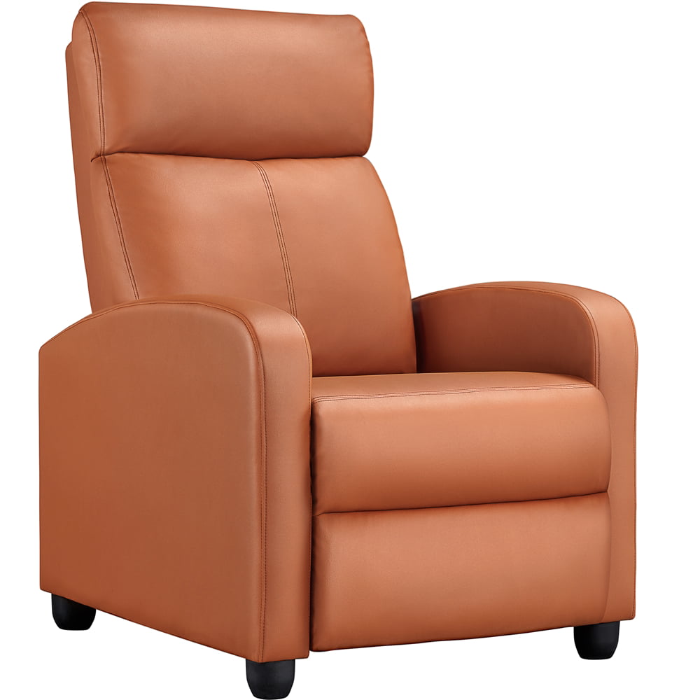 Alden Design Faux Leather Push Back Theater Recliner Chair with Footrest. Tan