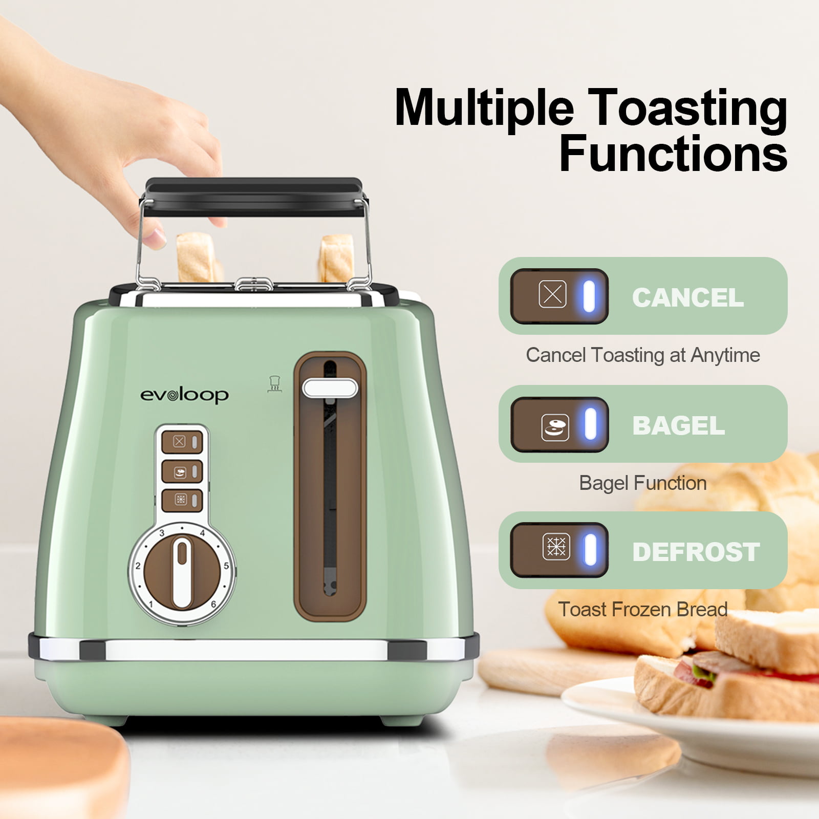 Evoloop Toaster 2 Slice. Stainless Steel Bread Toasters. 6 Bread Shade Settings. Reheat. Bagel. Defrost. Cancel Function. 1.5″ Extra Wide Slots .Removable Crumb Tray(Green)