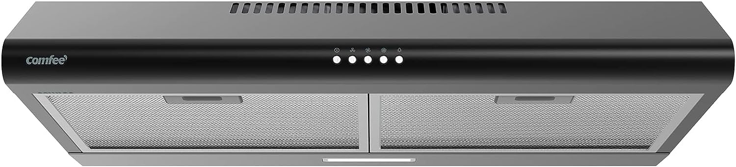 Comfee- Range Hood 30 inch. Under Cabinet Ducted/Ductless Convertible Slim Vent Hood. Durable Stainless Steel Kitchen Stove Hood. 3 Speed Exhaust Fan and 2 LED Lights Range Hood (Black)