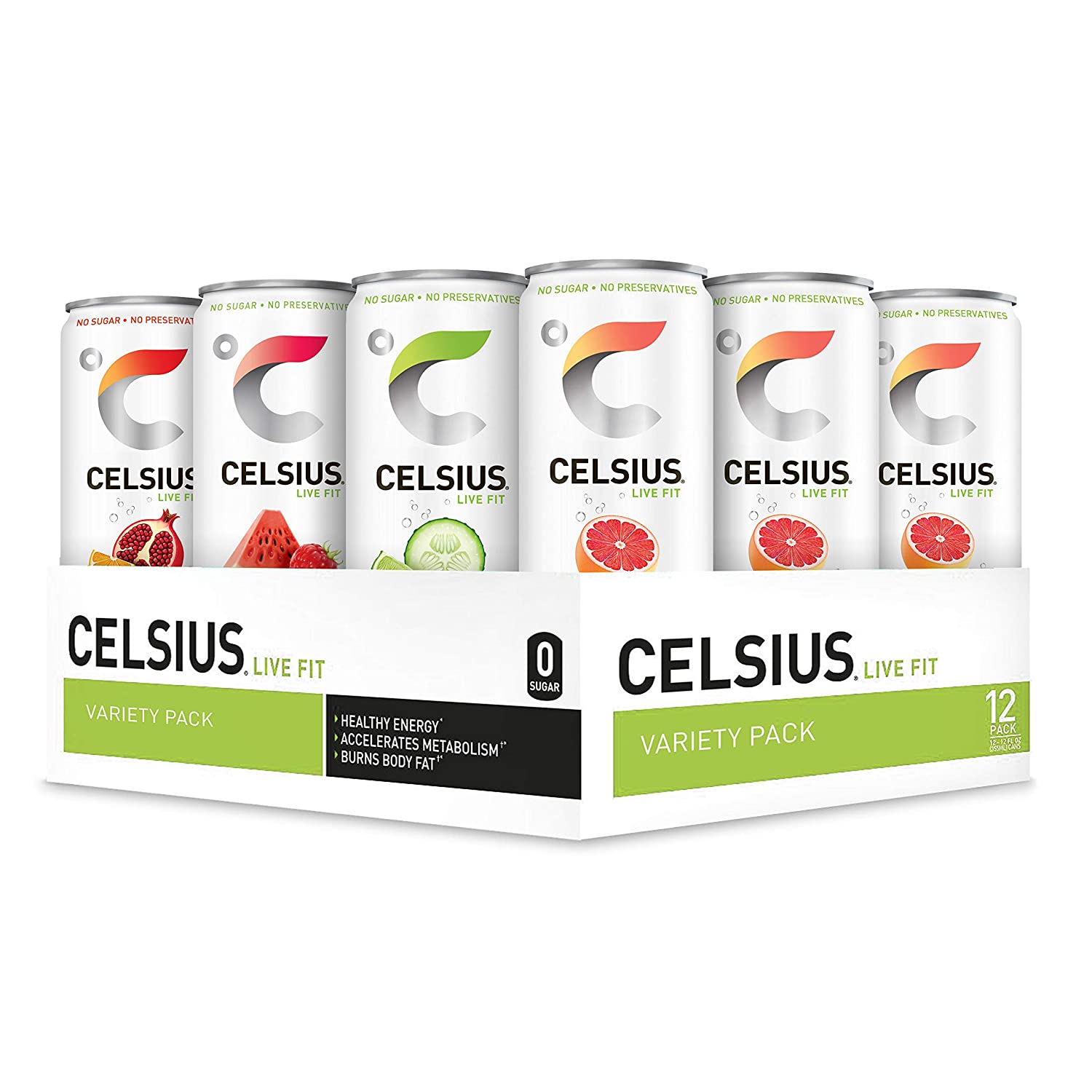CELSIUS Sweetened with Stevia Fitness Drink 4-Flavor. Zero Sugar. 144 Fl Oz (Pack of 12)