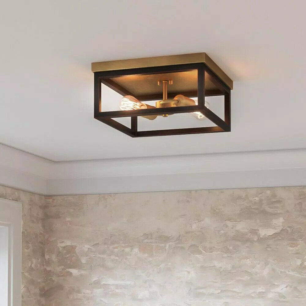 Hampton Bay 8017HDCVBDI Boswell Quarter 12-1/2 in. 2-Light Vintage Brass Farmhouse Flush Mount with Painted Black Distressed Wood Accents