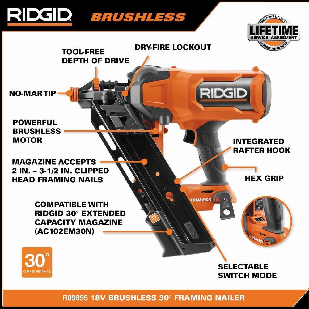 RIDGID R09895B 18V Brushless Cordless 30-Degree 3-1/2 in. Framing Nailer (Tool Only)