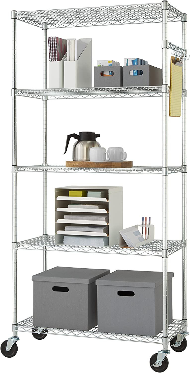 TRINITY EcoStorage 5-Tier Wire Shelving Rack with Wheels . 36″ x 18″ x 72″ NSF. Chrome