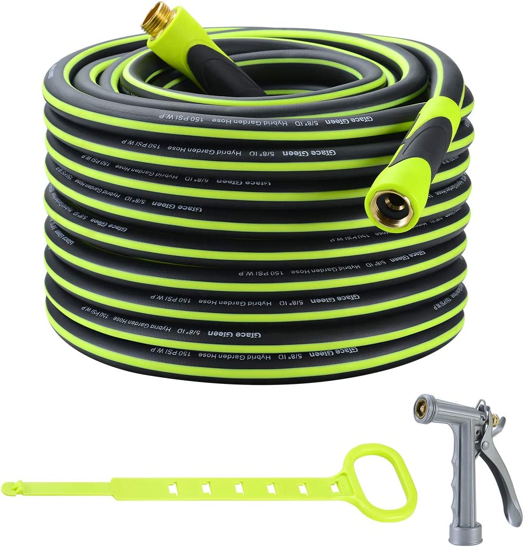 Grace Green Garden Hose.Hybrid 5/8 in.×100FT Water Hose With Zinc Alloy Nozzle. Both End Swivel. Heavy Duty. Light Weight. Flexible