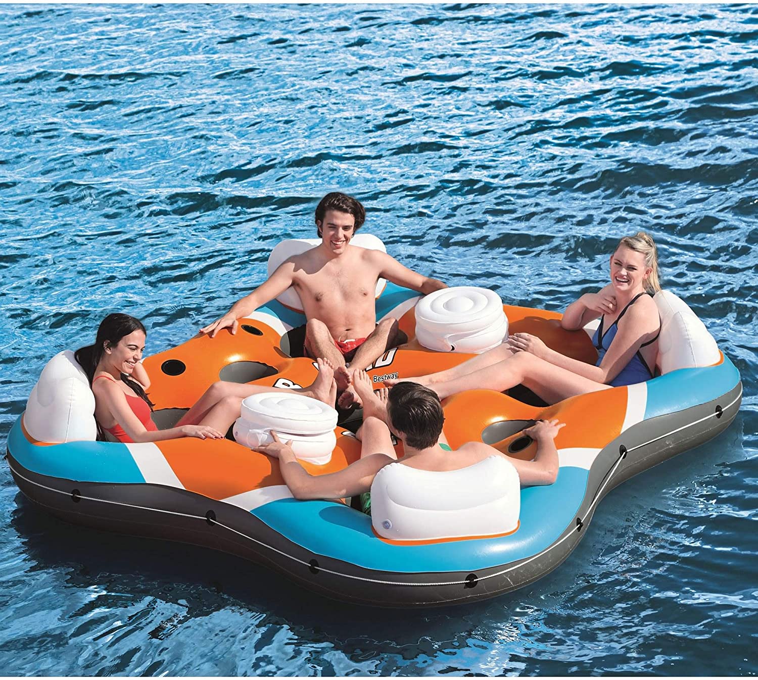 Bestway Hydro-Force Rapid Rider 4 Person Inflatable River Tube Water Float Lounger with Built-In Backrests. Cupholders. Coolers. and Handles. Orange