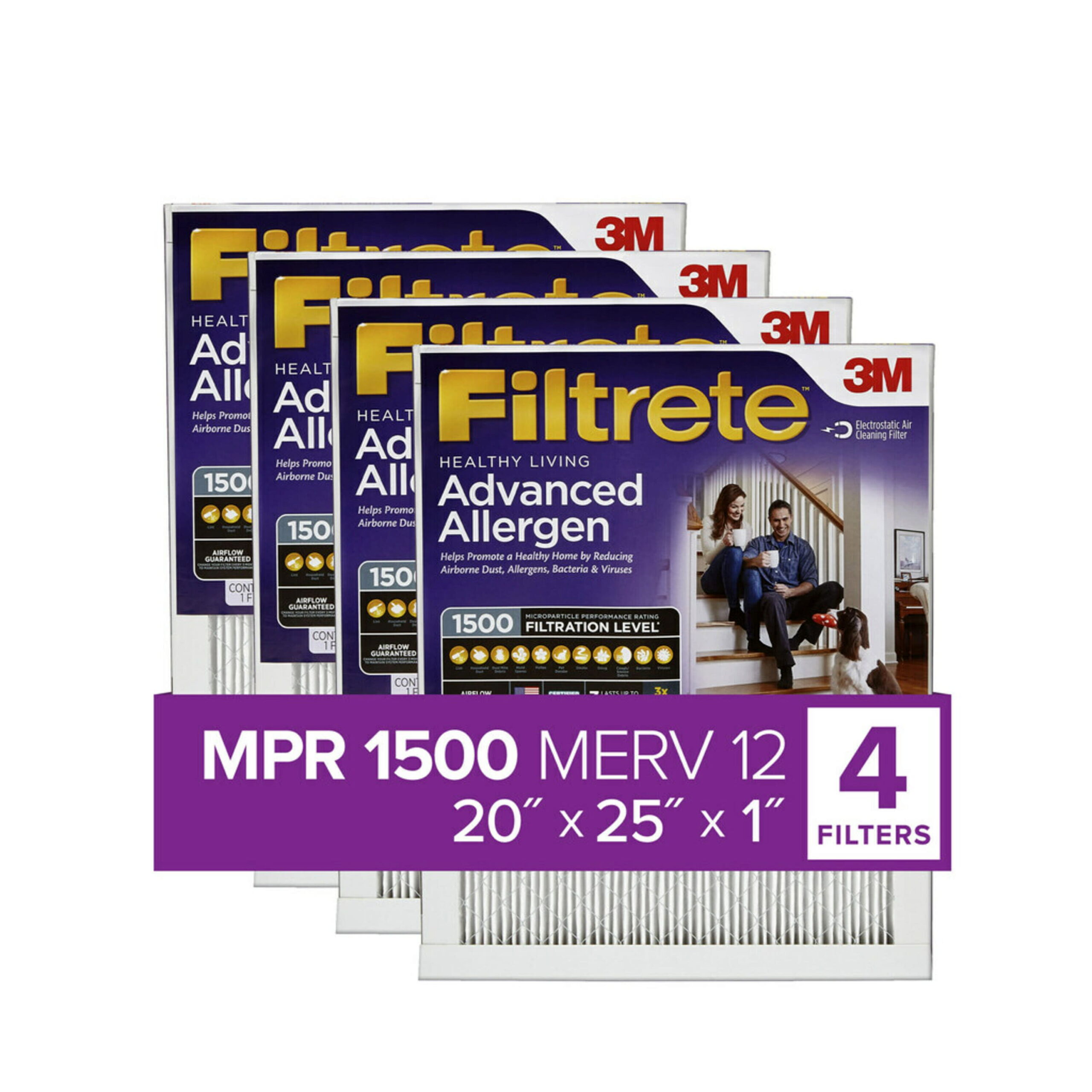 Filtrete by 3M 20x25x1. MERV 12. Advanced Allergen Reduction HVAC Furnace Air Filter. 1500 MPR. 4 Filters