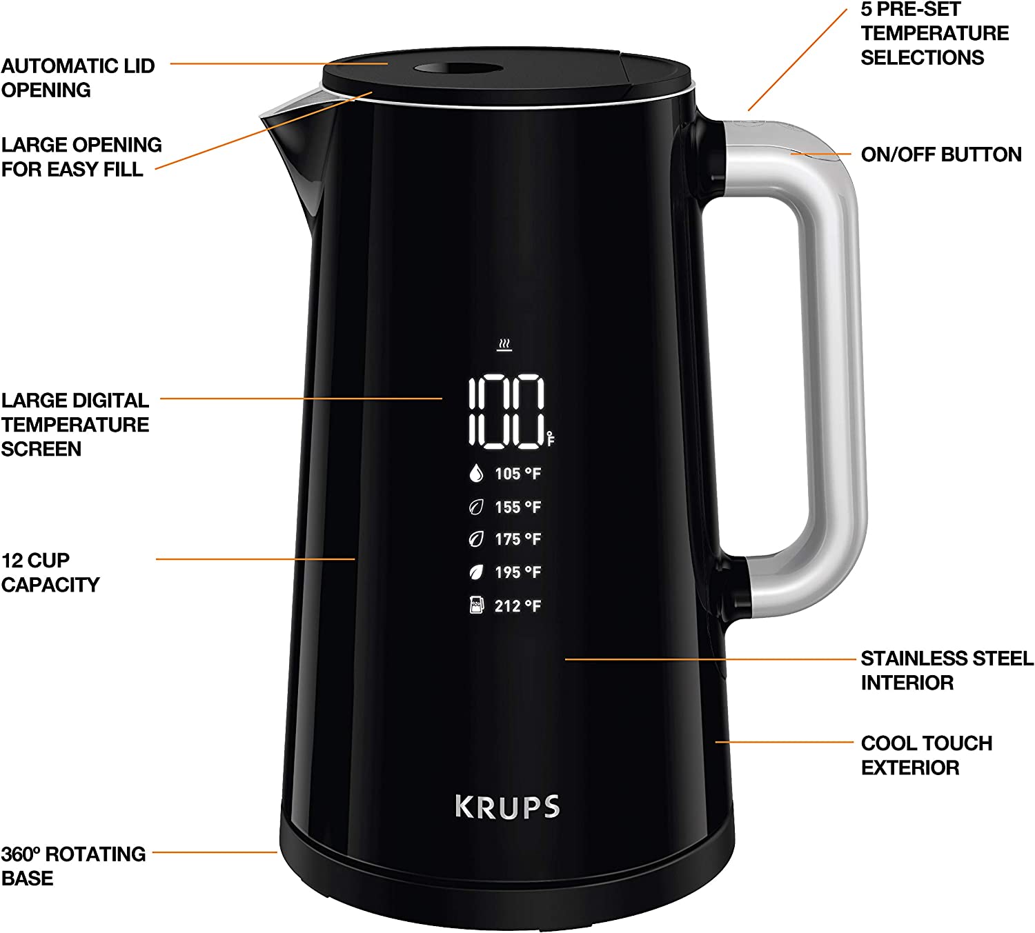 KRUPS BW801852 Smart Temp Digital Kettle Full Stainless Interior and Safety Off. 1.7-Liter. Black