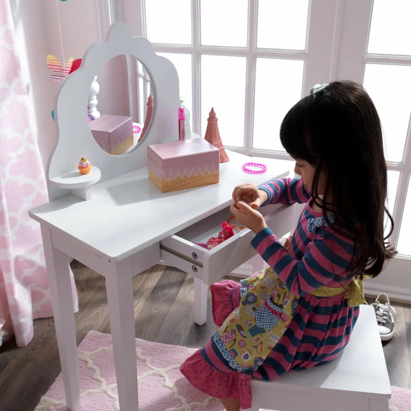 KidKraft Medium Wooden Vanity & Stool - White. Children-s Furniture. Kid-s Bedroom Storage. Gift for Ages 3-8