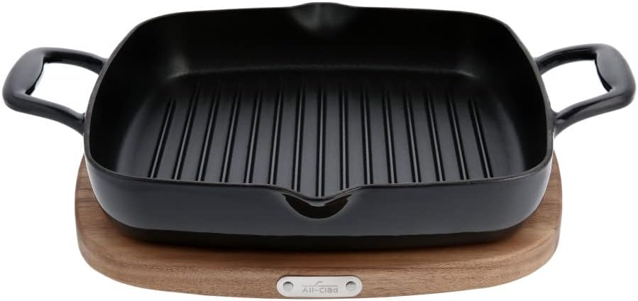 All-Clad Cast Iron Square Griddle with Acacia Trivet 11 Inch Induction Oven Broil Safe 650F Pots and Pans. Cookware Black
