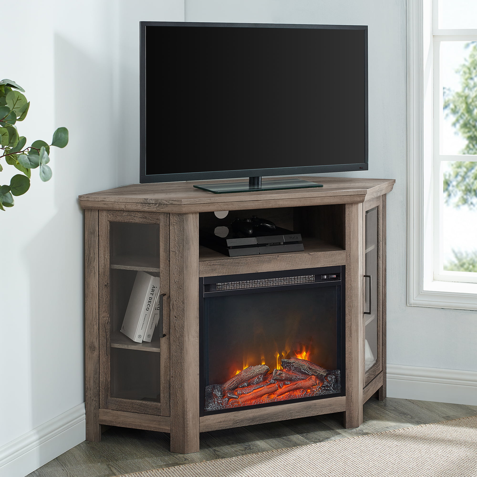 Walker Edison Corner Fireplace TV Stand for TVs up to 50″. Grey Wash