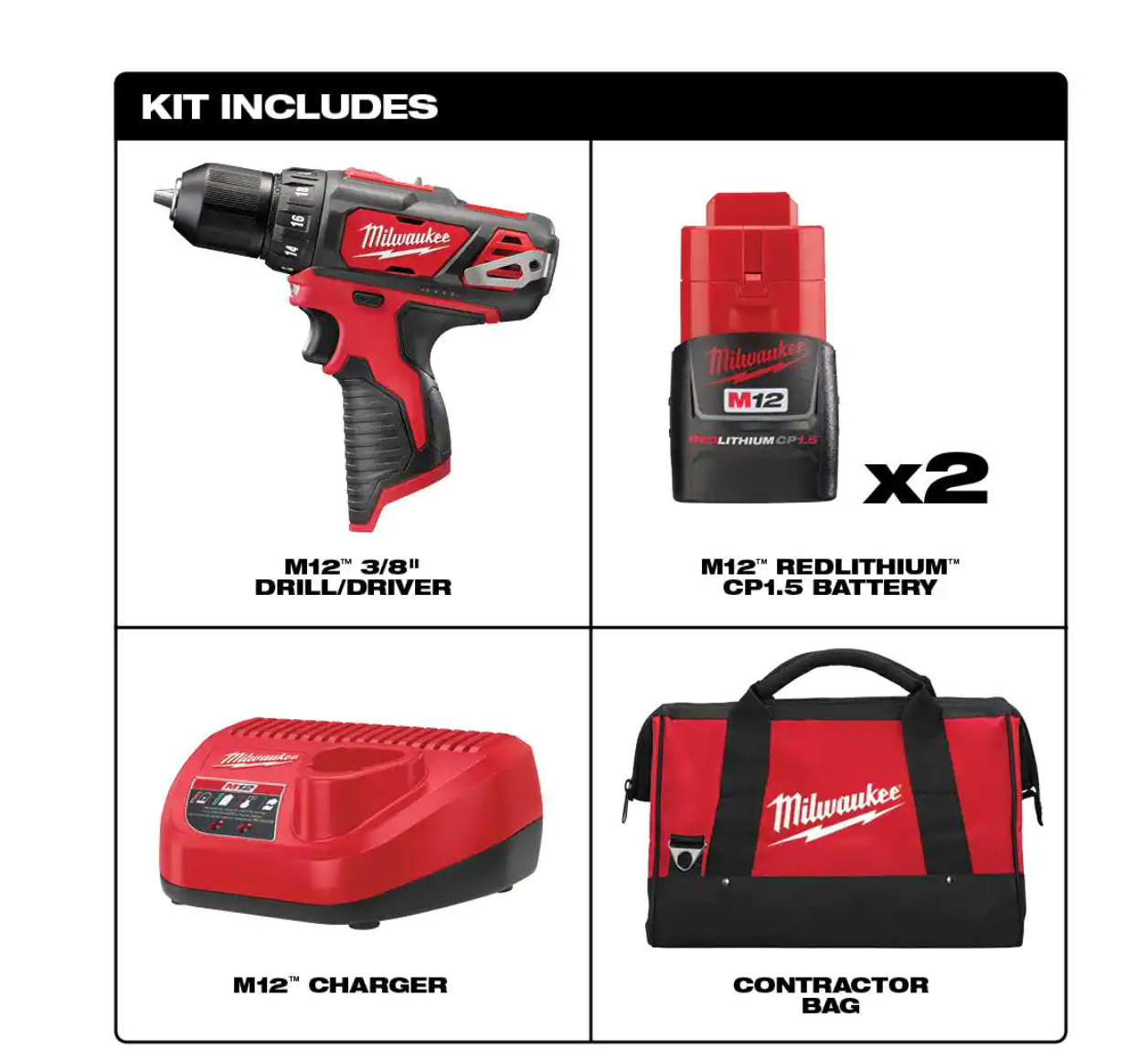 Milwaukee 2407-22 M12 12-Volt Lithium-Ion Cordless 3/8 in. Drill/Driver Kit with Two 1.5 Ah Batteries. Charger and Tool Bag