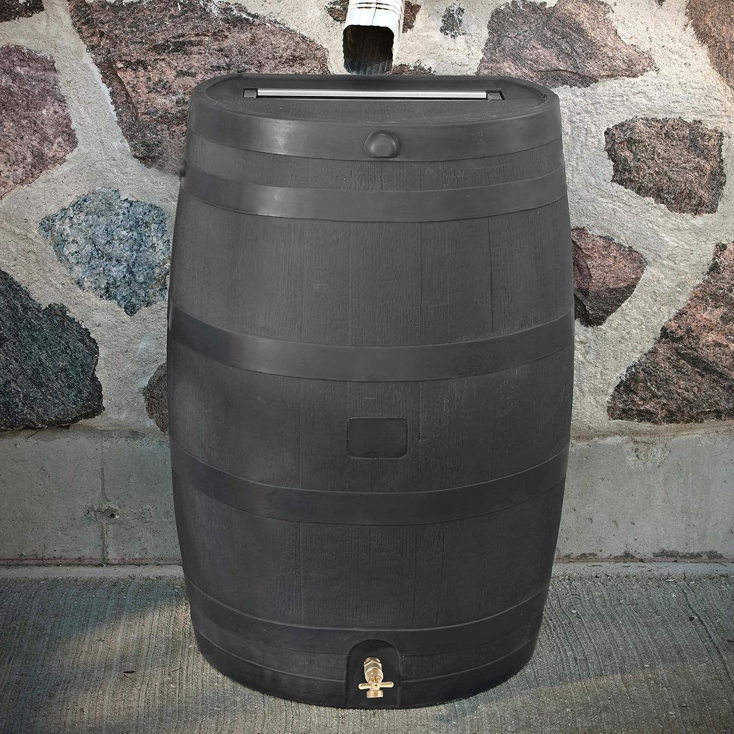 RTS Companies 5510-00100A-79-81. Graphite Polyethylene 50 Gallon Flat Back Rain Barrel