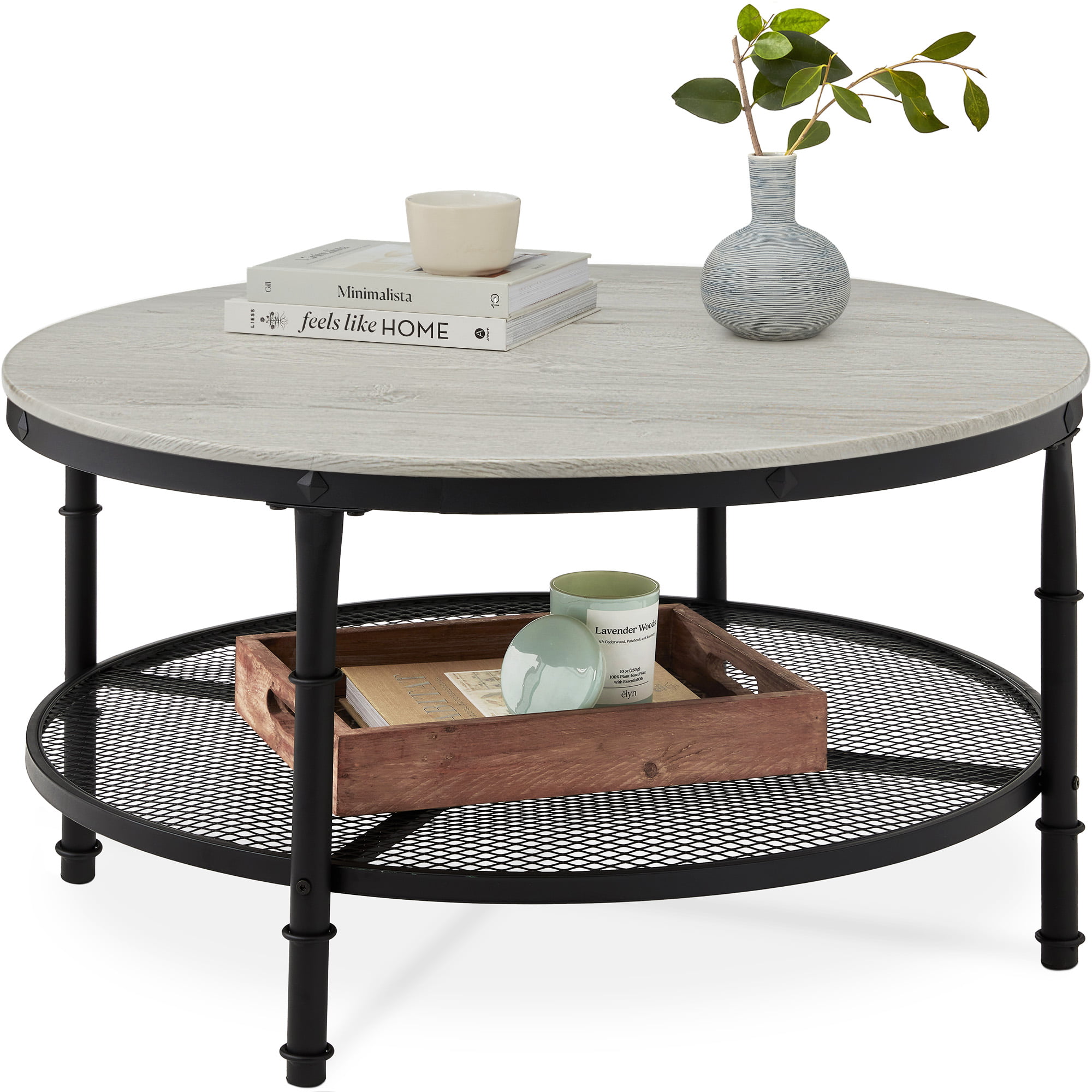 Best Choice Products 2-Tier Round Coffee Table. Rustic Accent Table w/ Wooden Tabletop. Padded Feet. Open Shelf - Gray