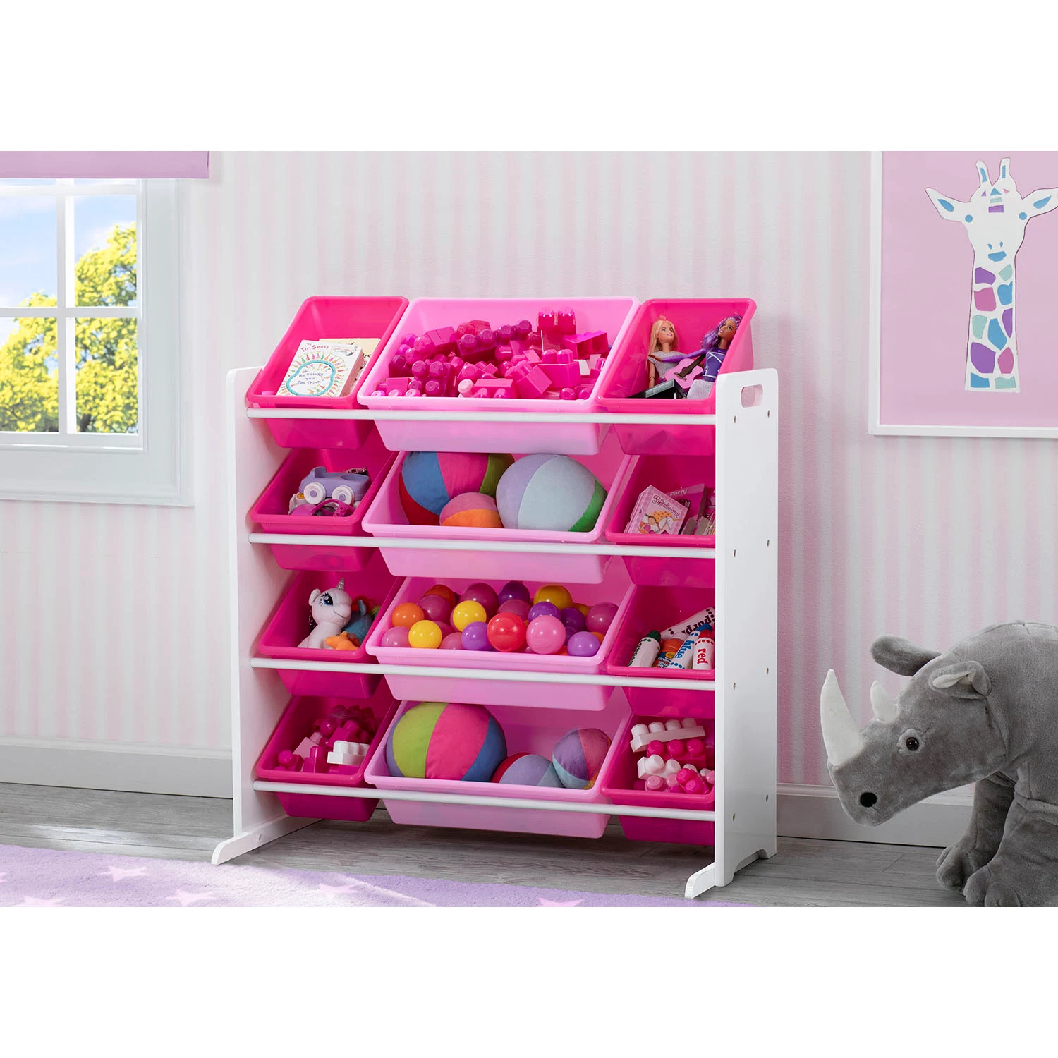 Delta Children Kids- Toy Storage Organizer with 12 Plastic Bins. White/Pink