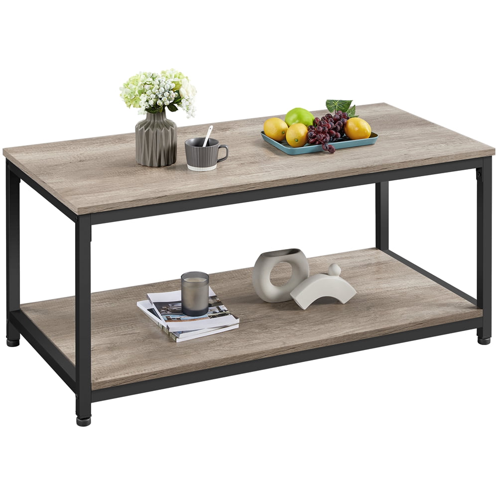 Alden Design Industrial Coffee Table with Storage Shelf. Rustic Gray