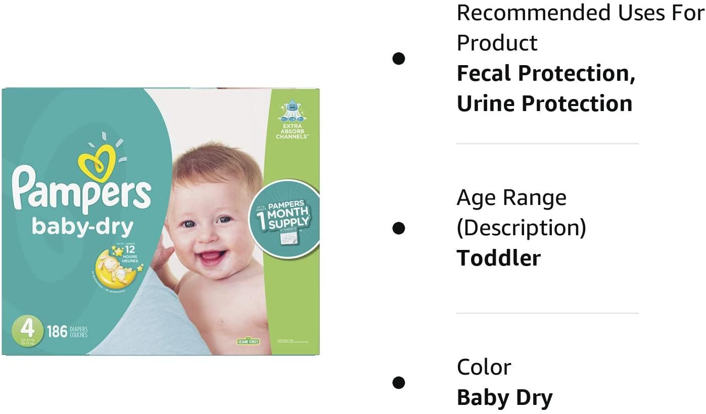 Diapers Size 4. 186 Count - Pampers Baby Dry Disposable Baby Diapers