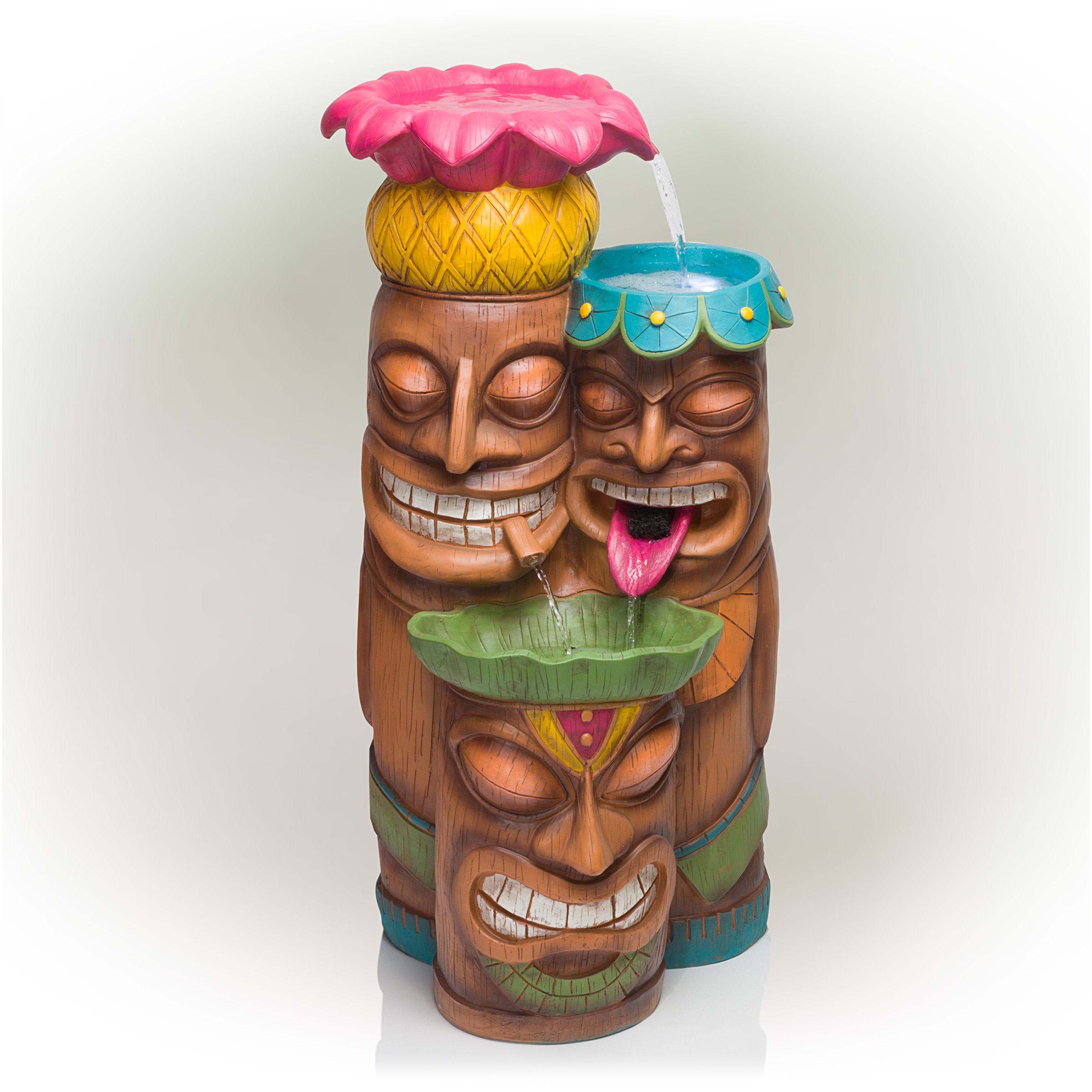 Alpine Outdoor Tiki Head Polyresin Electric Fountain with LED Light. 35 inch Tall